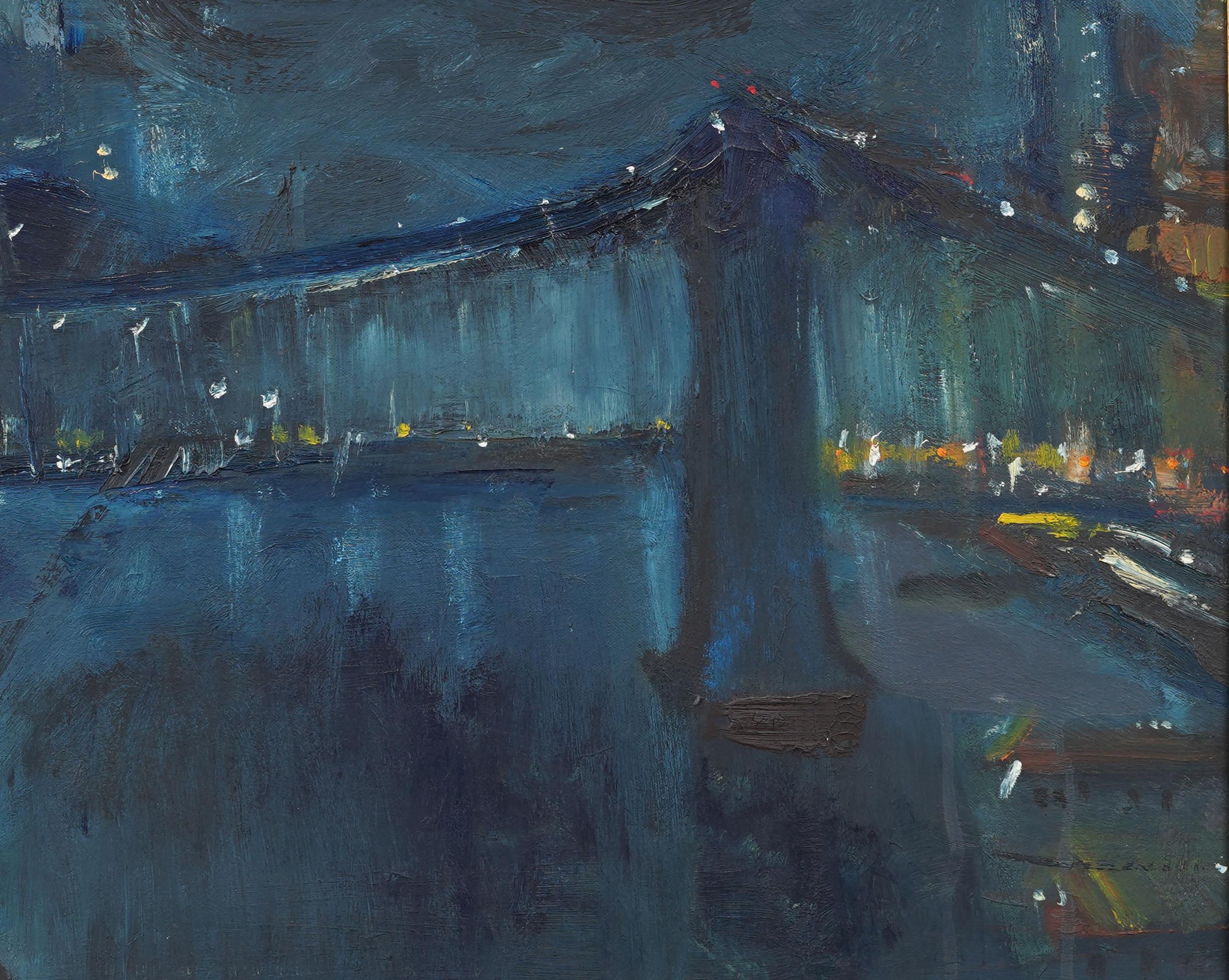 Contemporary American Modernist Nocturnal New York Cityscape Framed Oil Painting For Sale 3