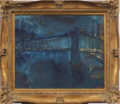 Contemporary American Modernist Nocturnal New York Cityscape Framed Oil Painting