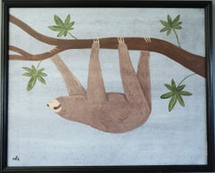 Contemporary British Naïve Style Animal Oil Painting by Matt Rix - Hanging Sloth