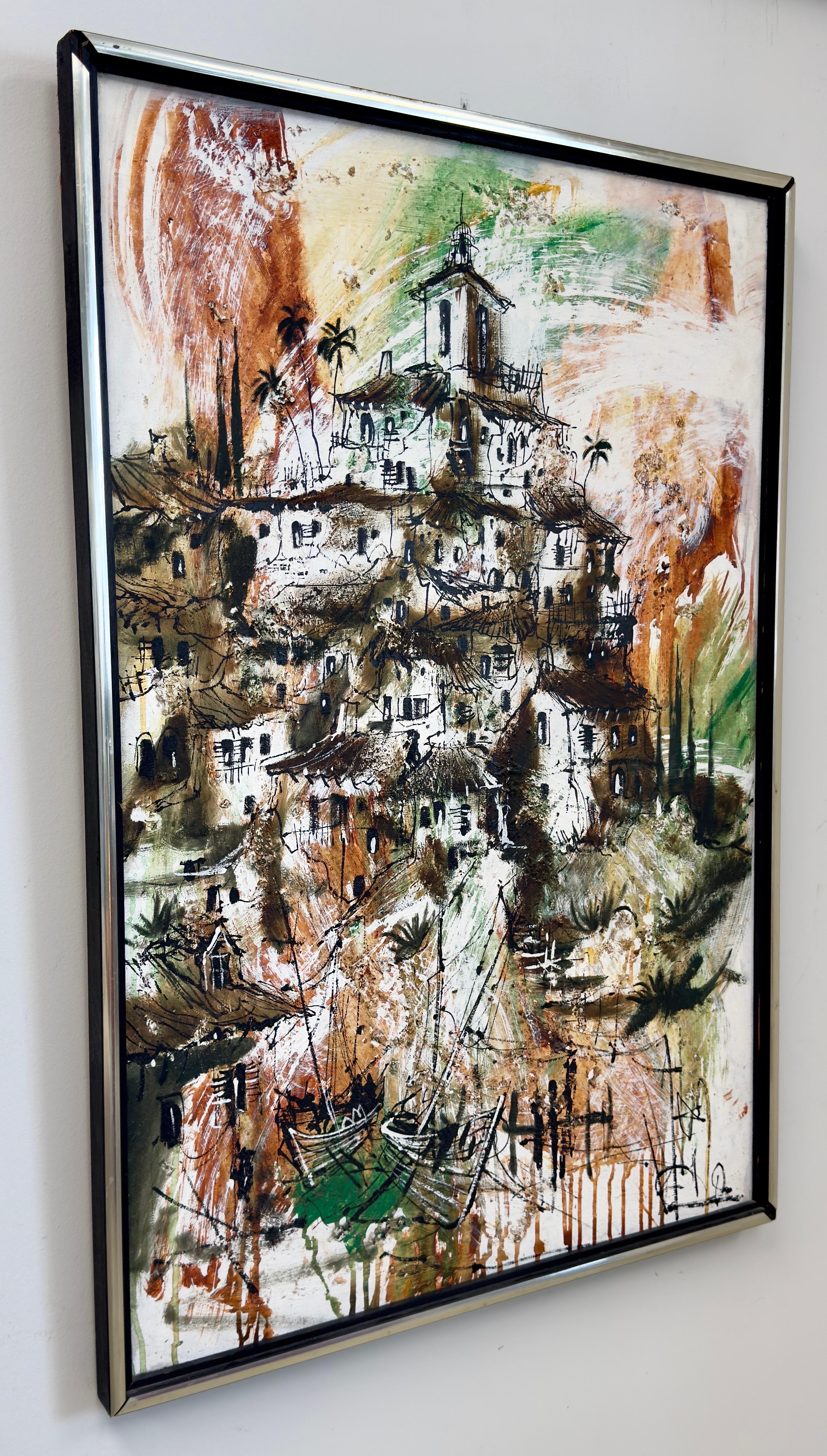 Paesaggio urbano contemporaneo Acquerello su tela Villaggio e barche Dopo Leon Pacunayen - Landscape Painting Marrone di Unknown