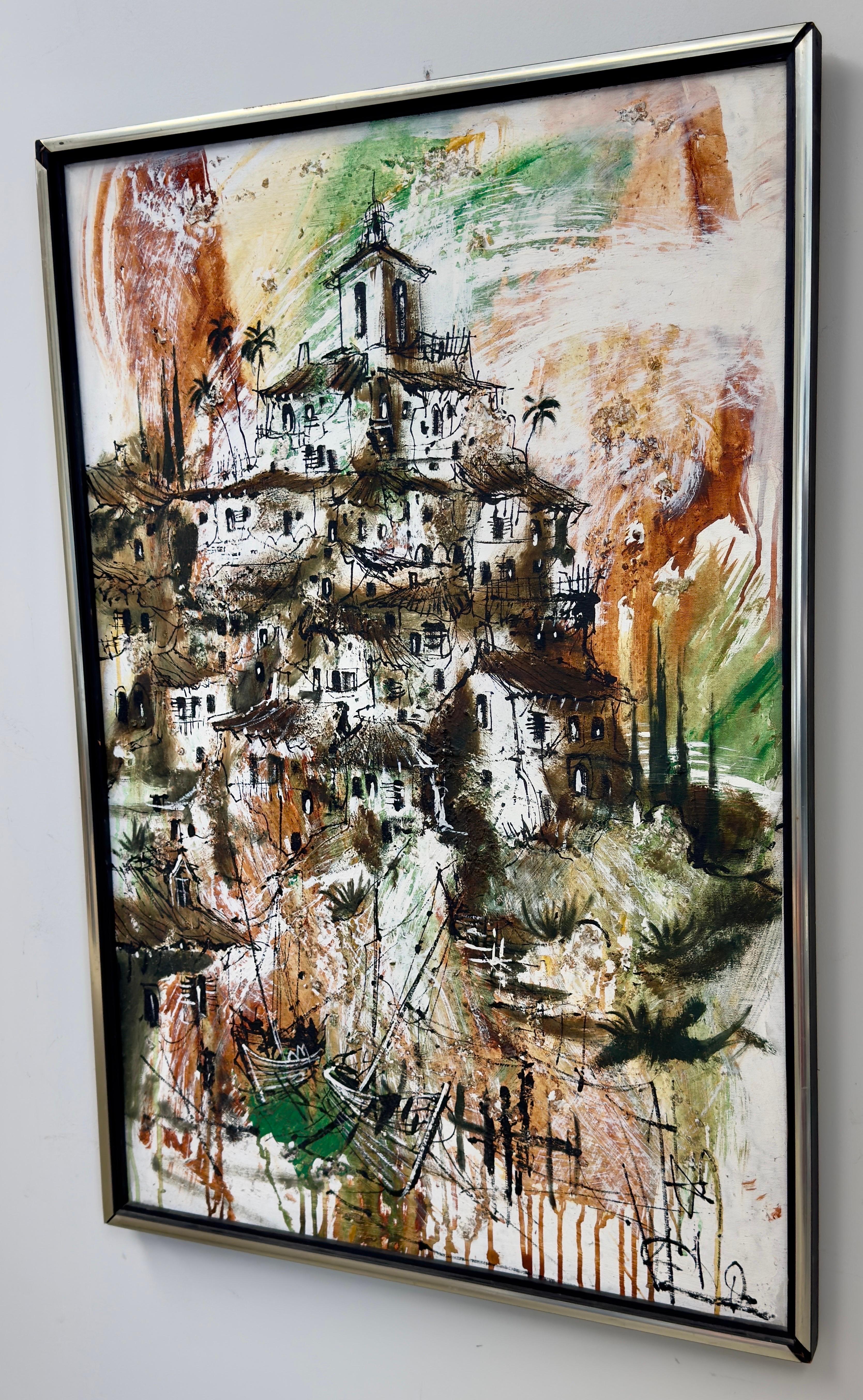Un paesaggio urbano Acquerello su tela di Leon Pacunayen (Filippine-Italia, 1935). Questo dipinto presenta un villaggio su una collina, ritratto con un uso magistrale del colore e della texture. I marroni, i verdi e gli arancioni evocano