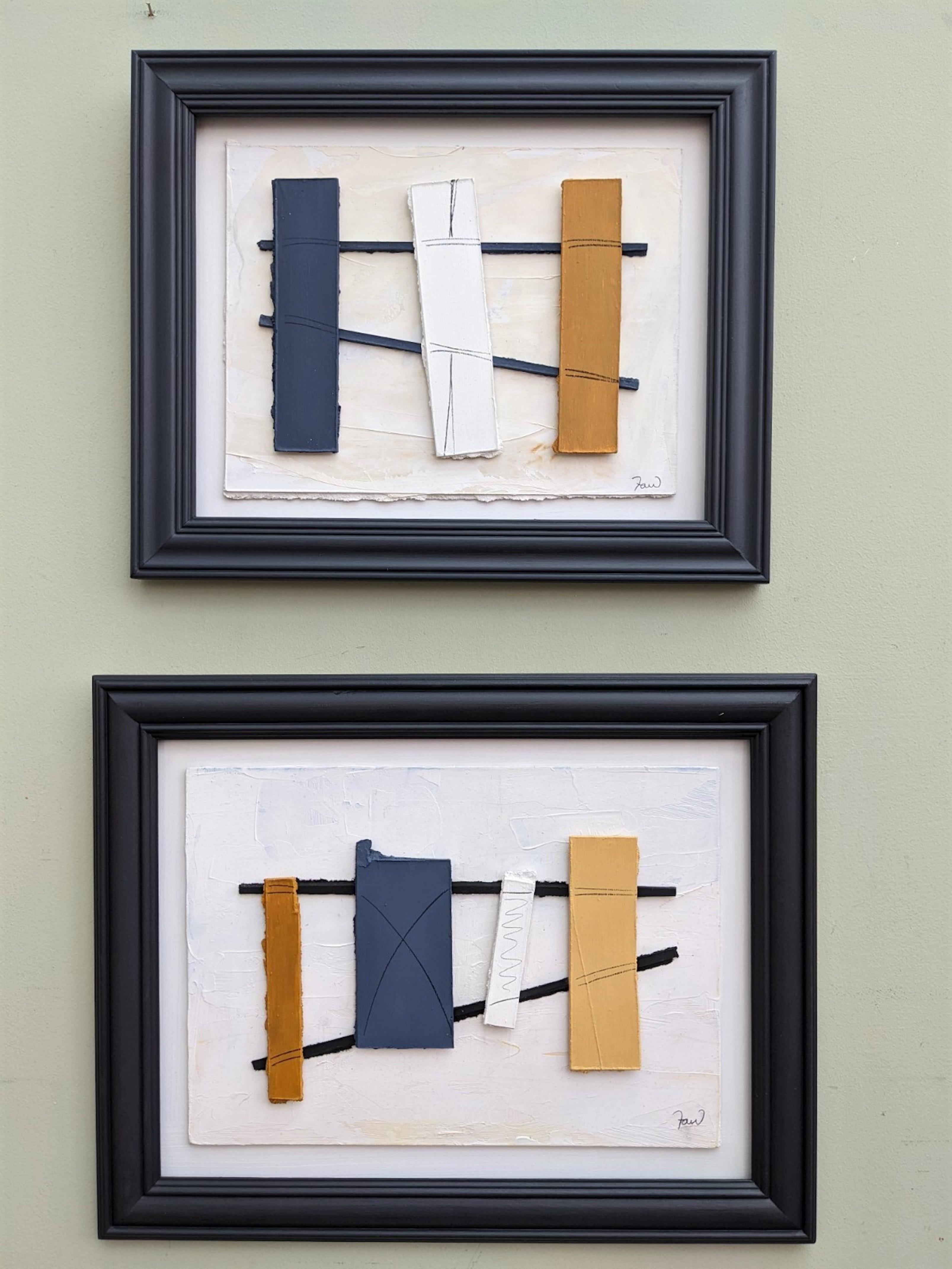 CONSTRUCTION 2
Size: 38 x 48 cm (including frame)
Oil relief on hardboard

This modernist ‘constructivist’ three dimensional work features cut out panels that have been painted in oil and assembled. The artist has used stripped down, geometric forms