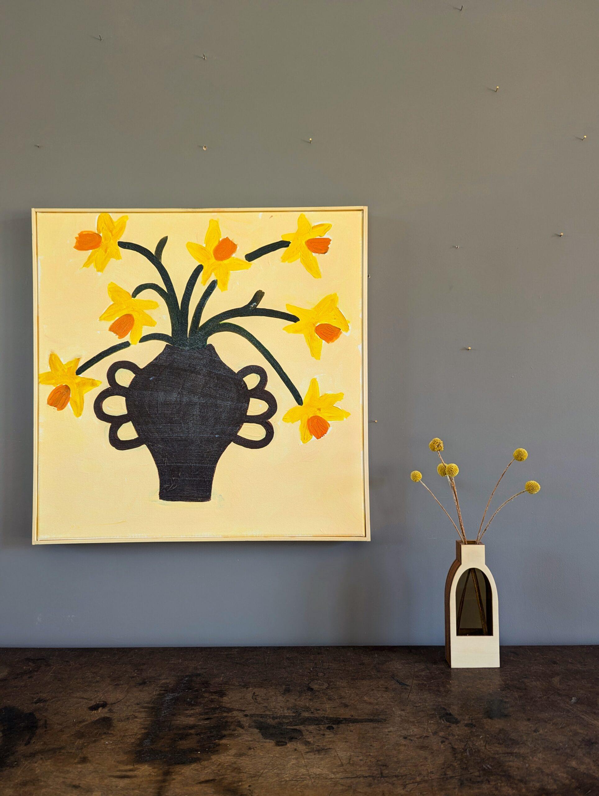 Naturaleza muerta floral contemporánea Pintura acrílica - Narcisos dorados - Painting Contemporáneo de Unknown