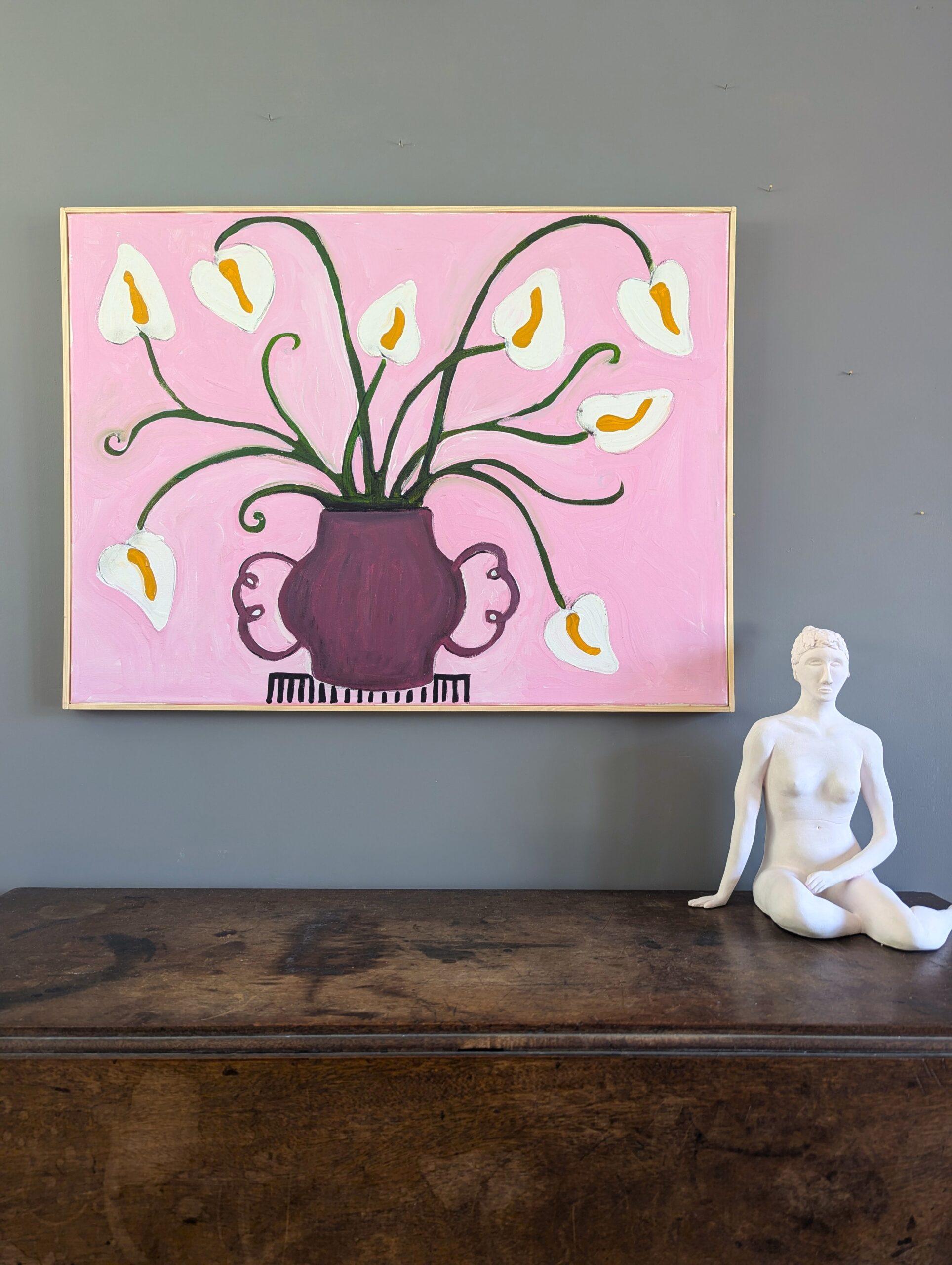 Bodegón floral contemporáneo Pintura acrílica - Lirios sobre rosa - Painting de Unknown