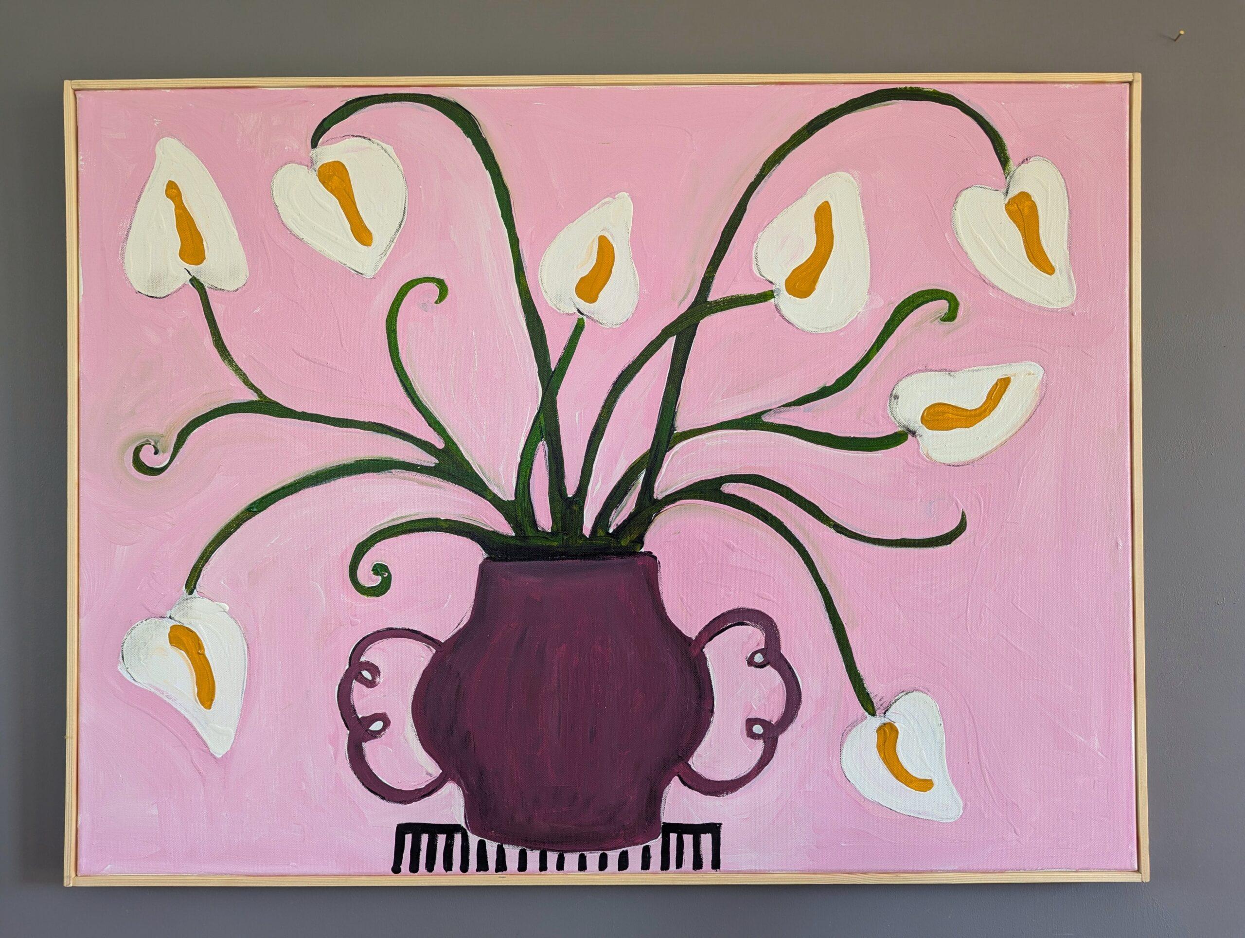 Bodegón floral contemporáneo Pintura acrílica - Lirios sobre rosa - Painting Contemporáneo de Unknown