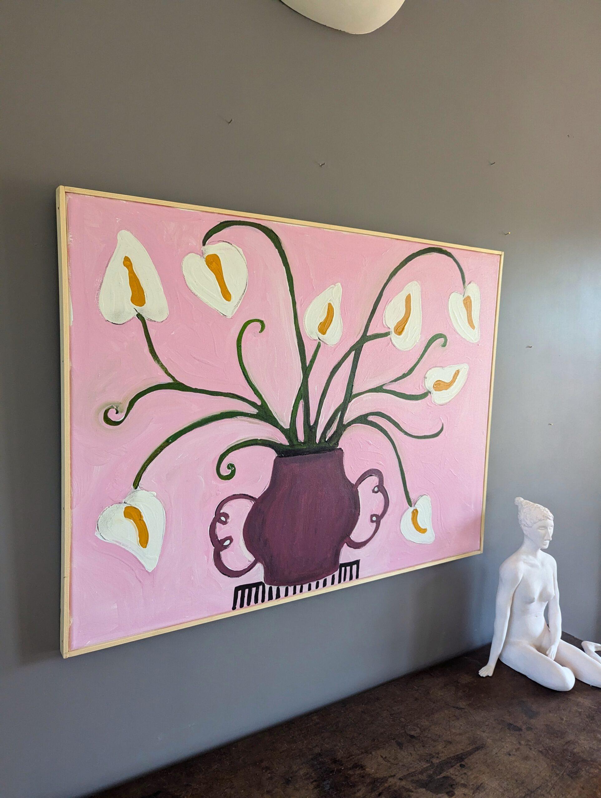 Bodegón floral contemporáneo Pintura acrílica - Lirios sobre rosa - Still-Life Painting Beige de Unknown