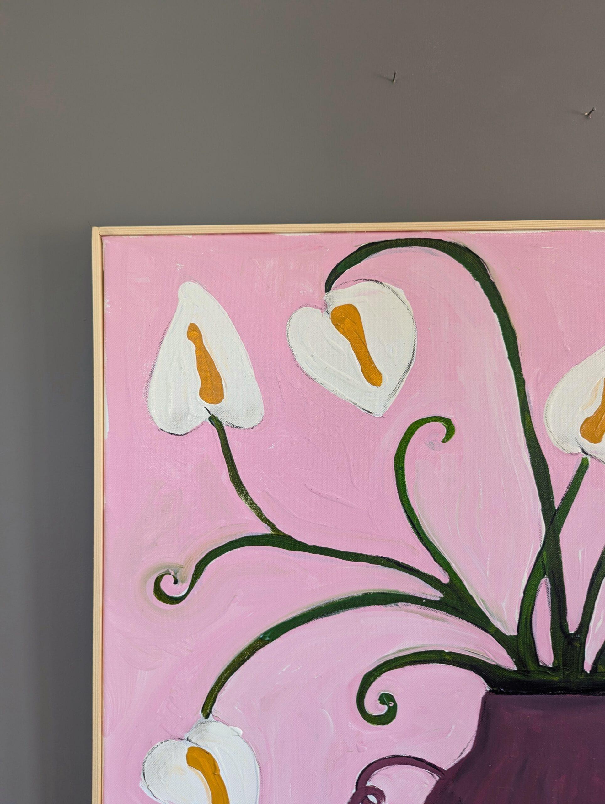 Bodegón floral contemporáneo Pintura acrílica - Lirios sobre rosa 1