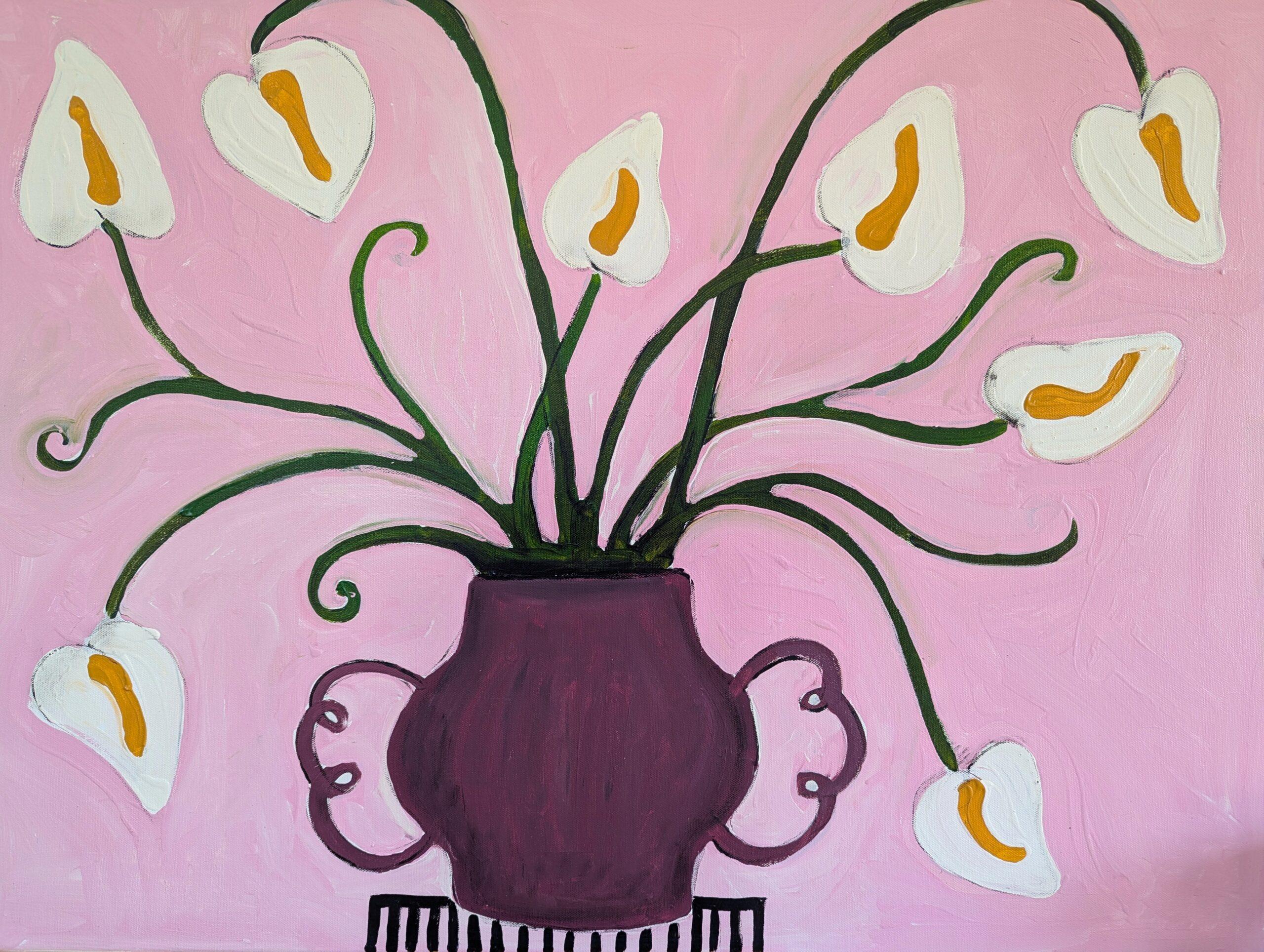 Bodegón floral contemporáneo Pintura acrílica - Lirios sobre rosa 3