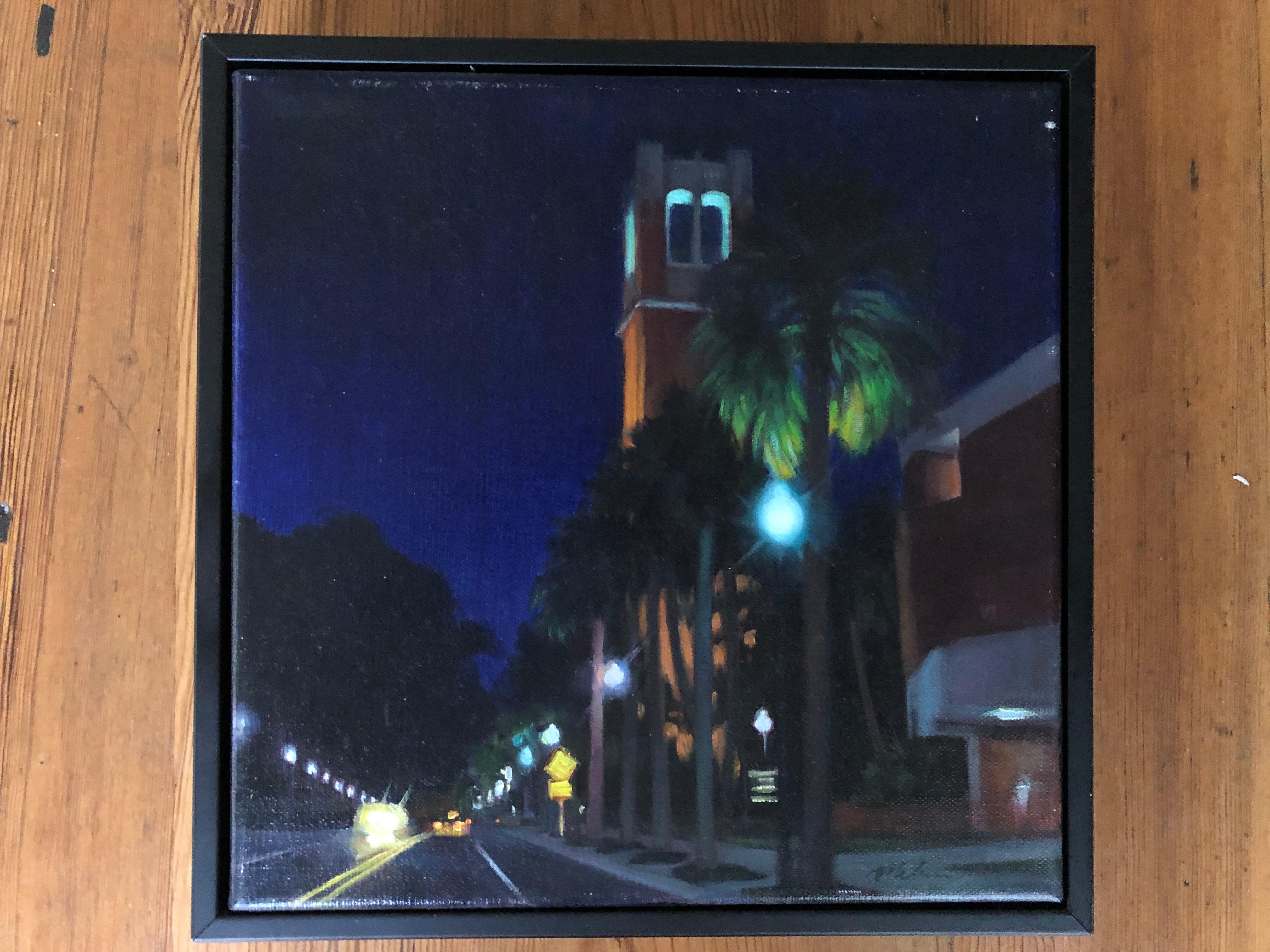 Contemporary Florida street scene at night. This really well painted piece came out of house in Tallahassee. It is signed but I cannot make it out. It is oil on canvas measuring 10 inches by 10 inches. Frame is 11 by 11.