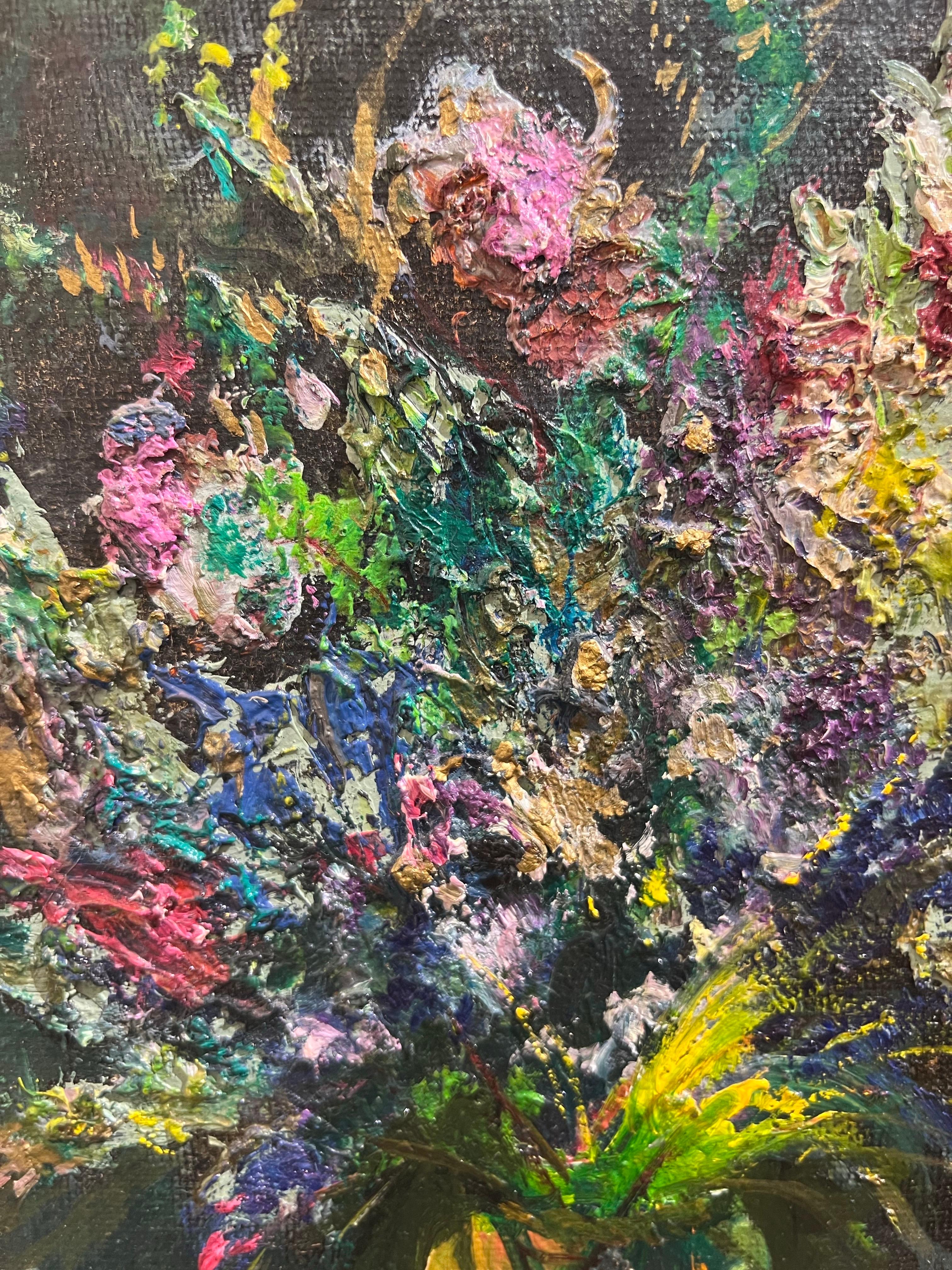 Contemporary flower bouquet on canvas. - Impressionist Painting by Unknown