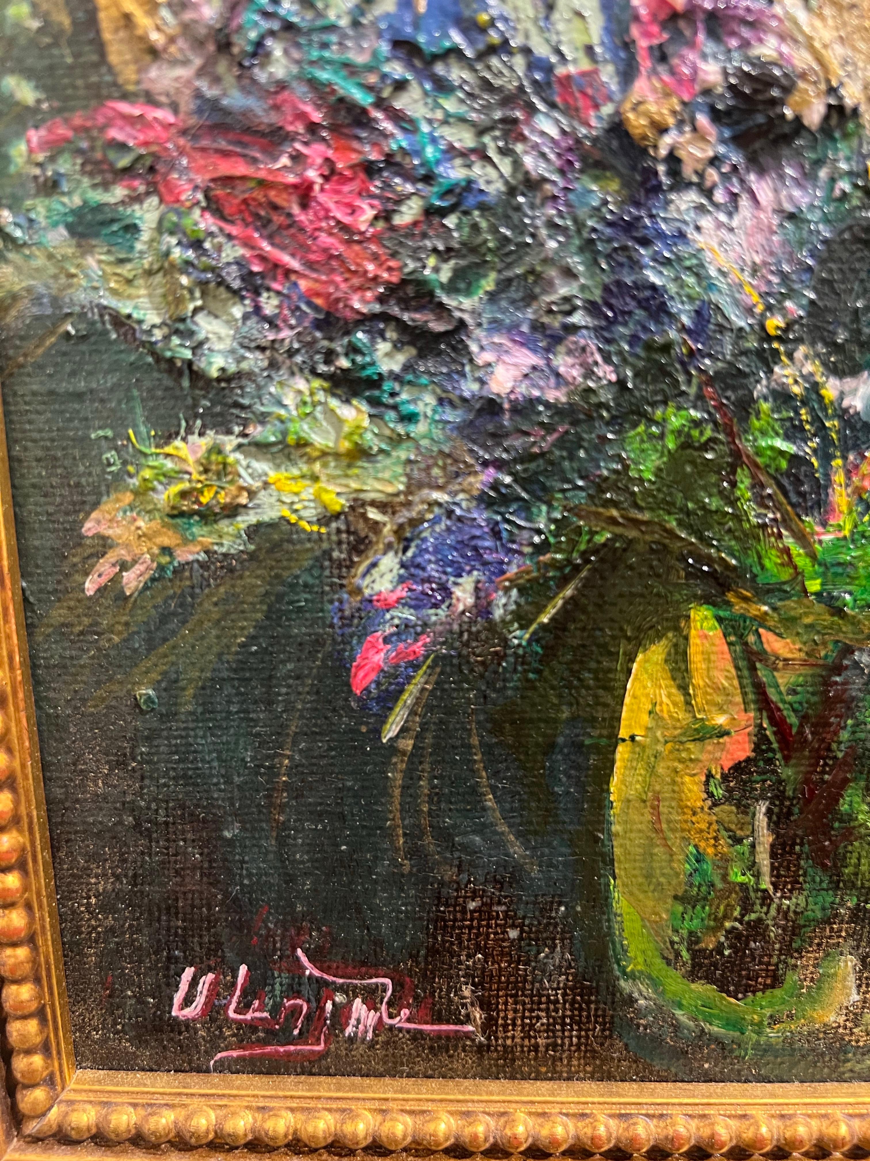 Contemporary flower bouquet on canvas. - Black Still-Life Painting by Unknown