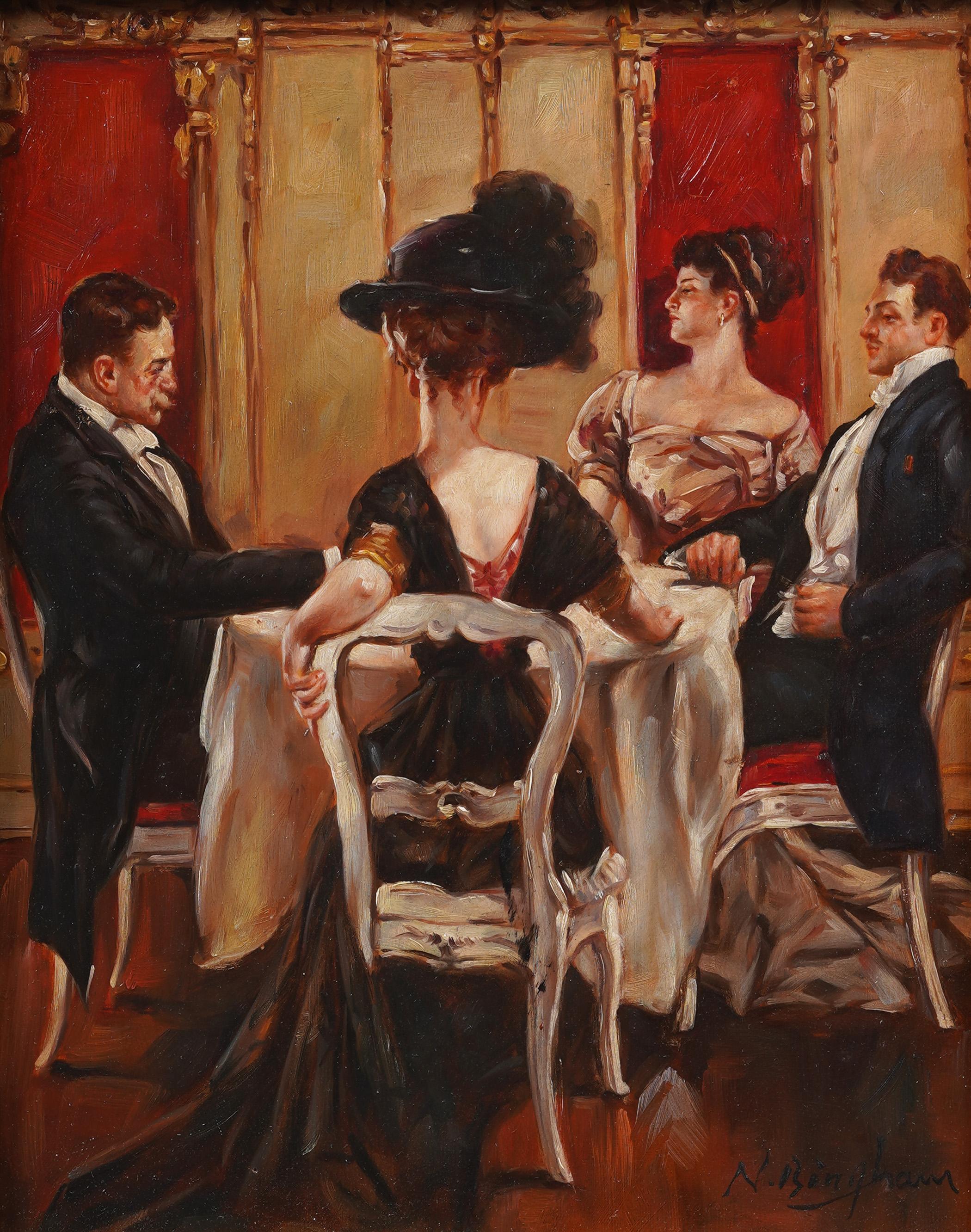 Pittura a olio di genere contemporanea, scena di caffè impressionista francese, ben incorniciata - Painting Impressionismo di Unknown