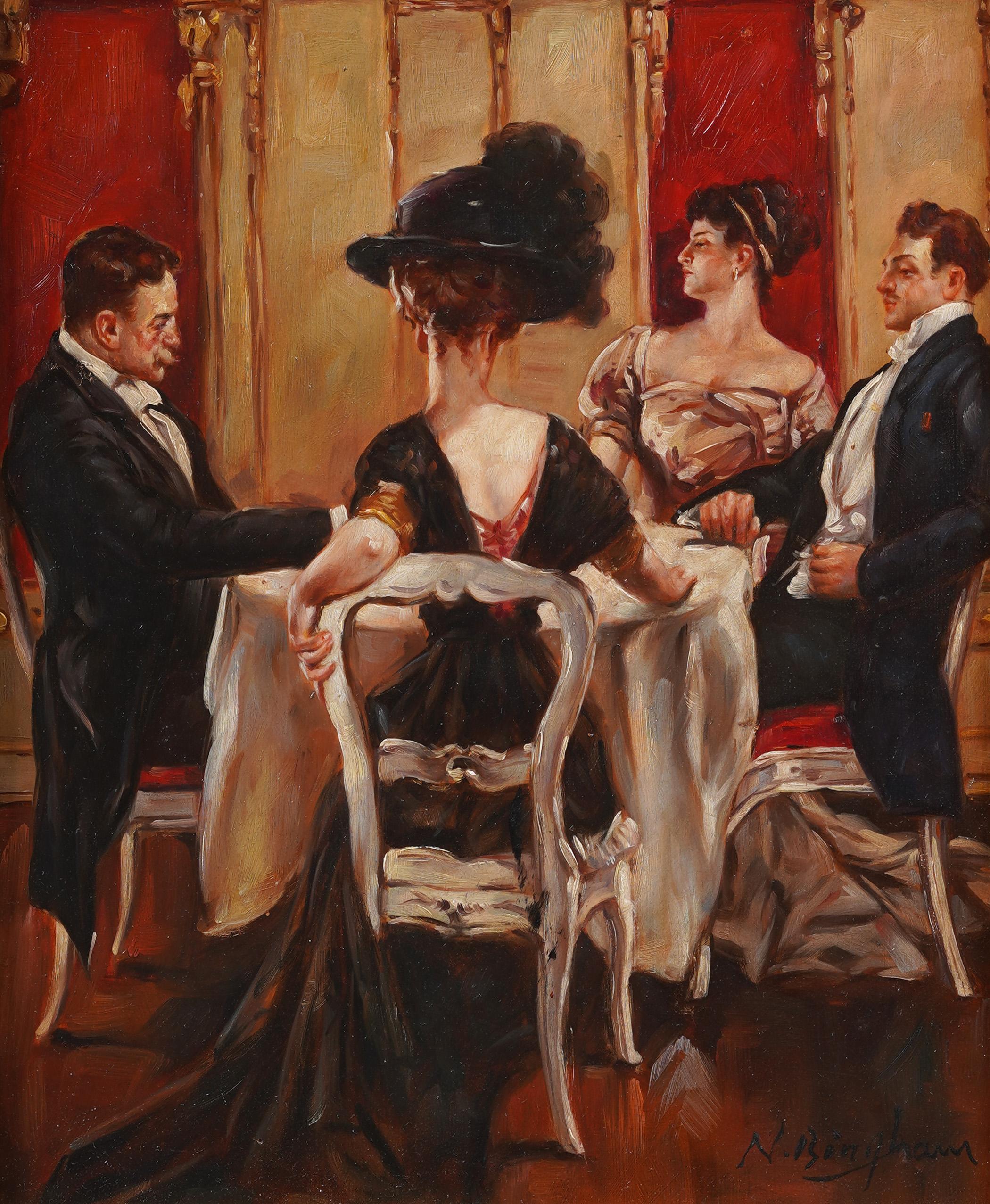 Pittura a olio di genere contemporanea, scena di caffè impressionista francese, ben incorniciata - Portrait Painting Marrone di Unknown