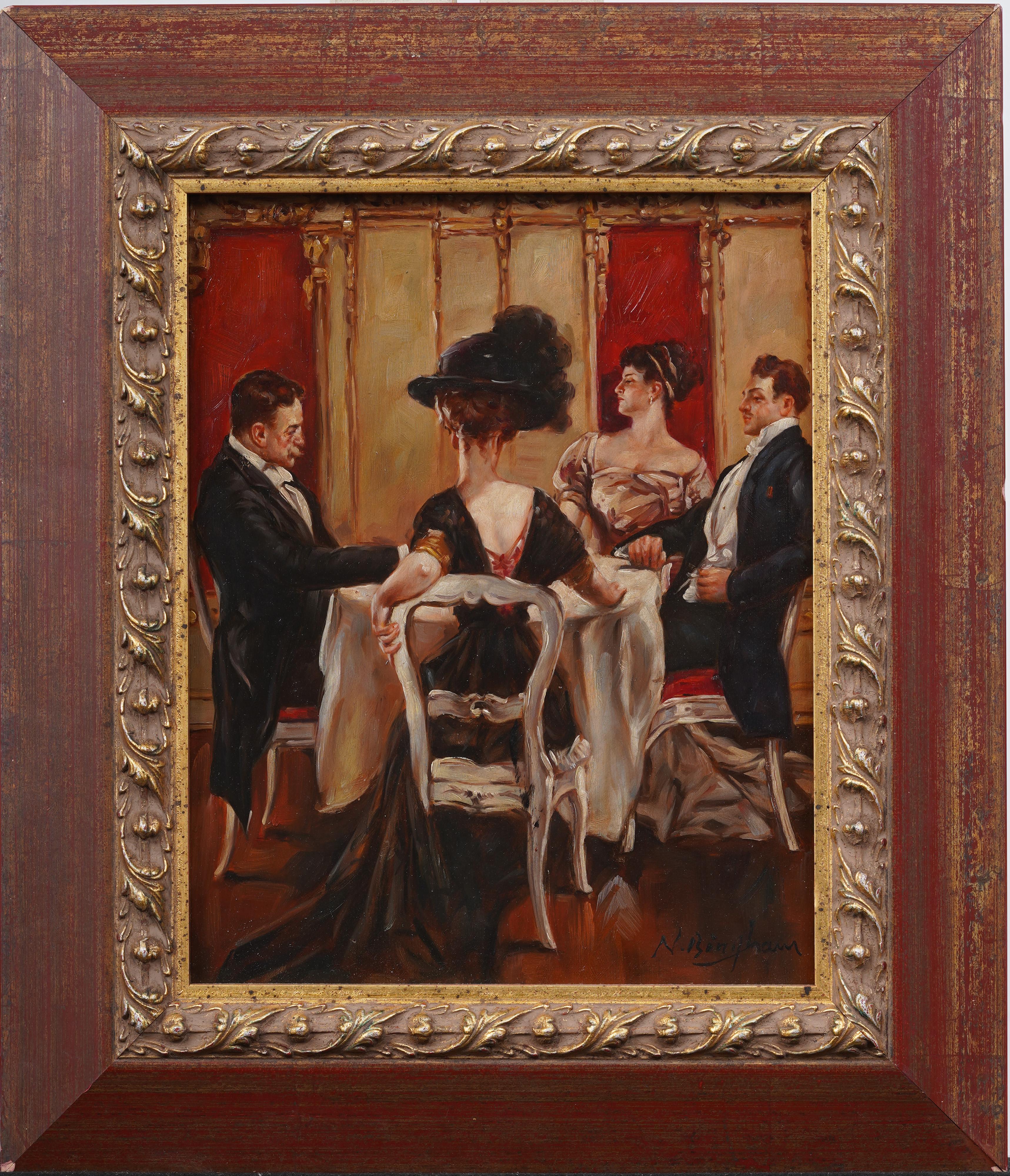 Contemporary French Impressionist Cafe Scene Nicely Framed Genre Oil Painting