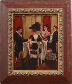 Pittura a olio di genere contemporanea, scena di caffè impressionista francese, ben incorniciata