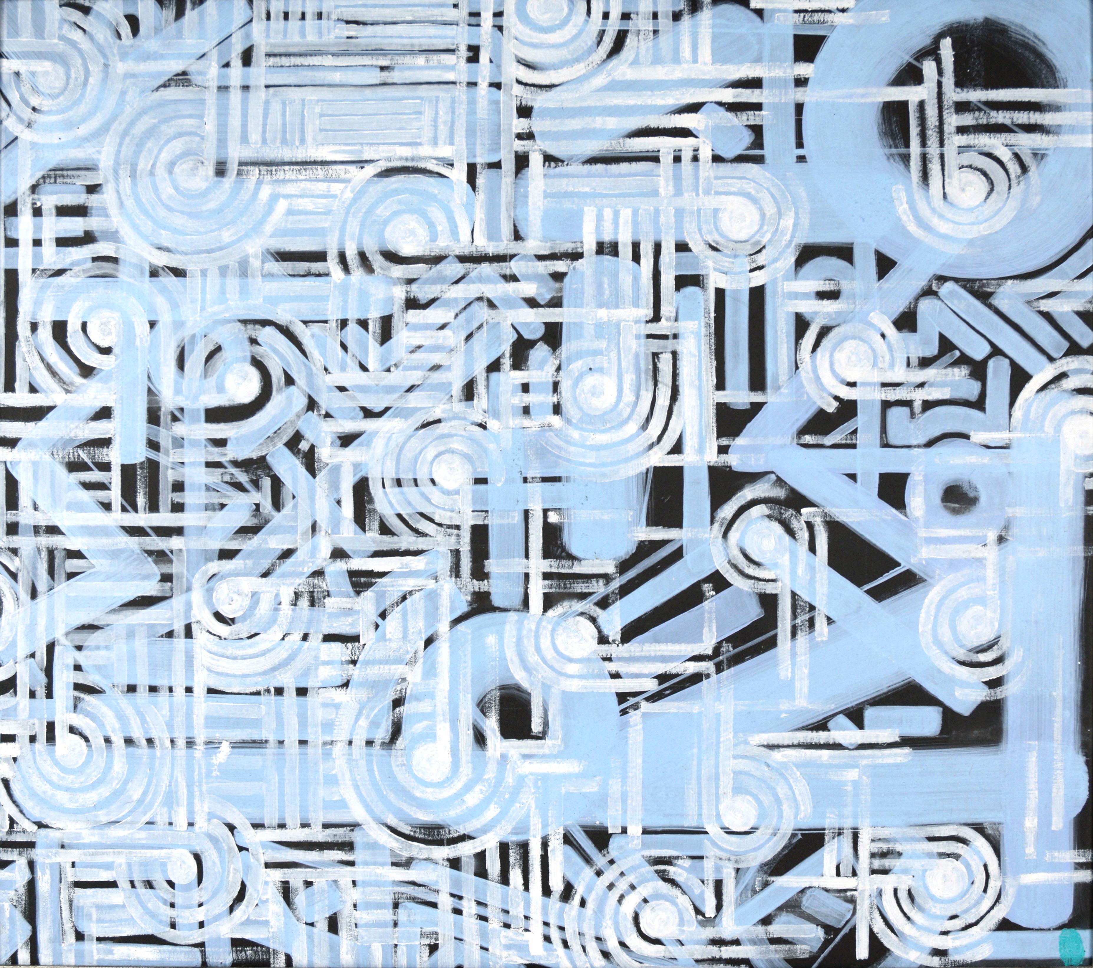 Contemporary Geometric Abstract Painting - White and Blue Pathways over Black im Angebot 1