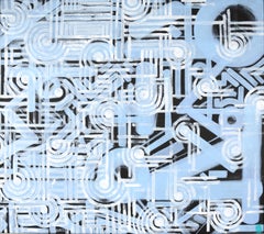 Zeitgenössisches geometrisches abstraktes Gemälde - Weiße und blaue Pfade über Schwarz