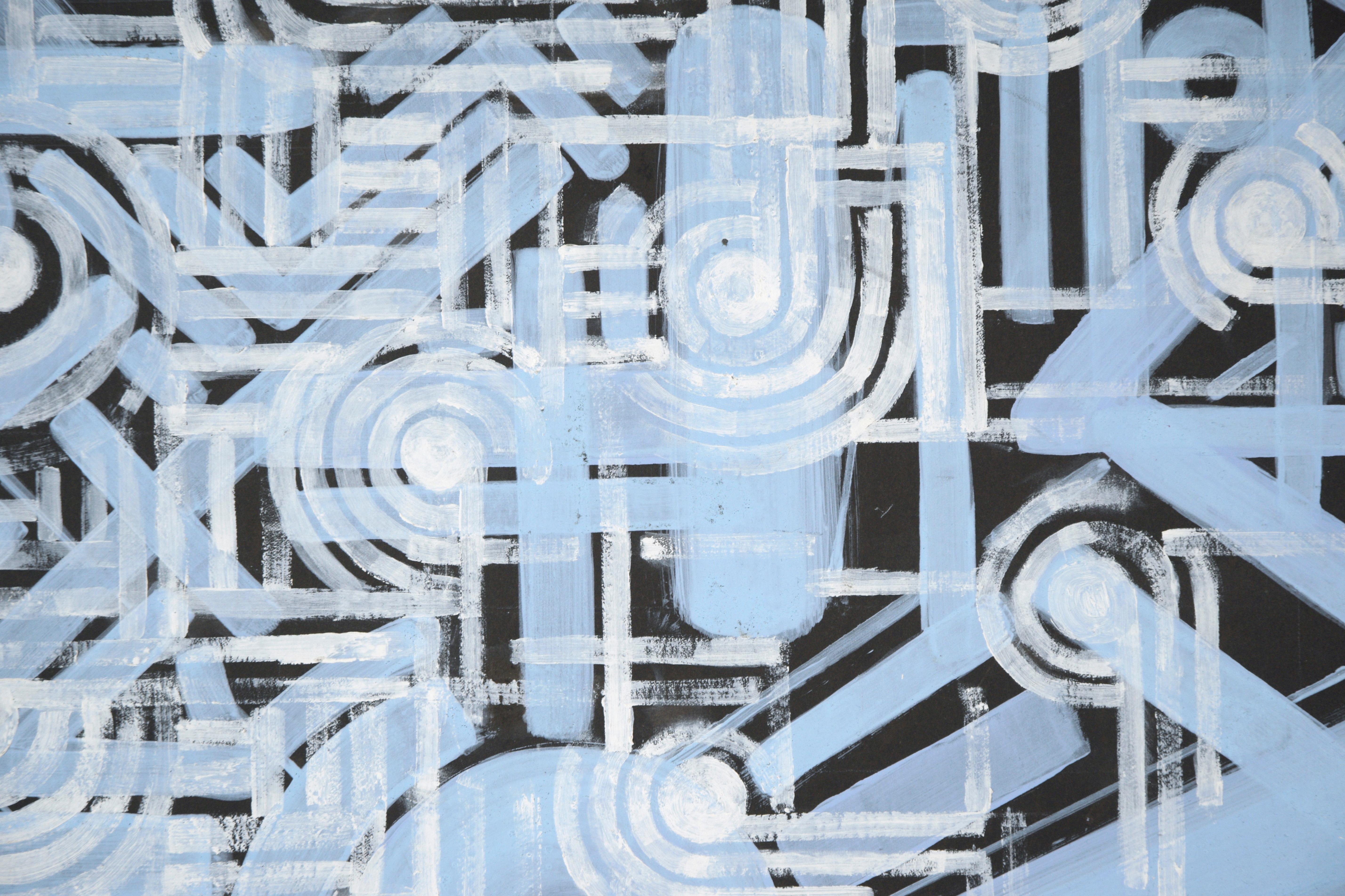 Contemporary Geometric Abstract Painting - White and Blue Pathways over Black im Angebot 2