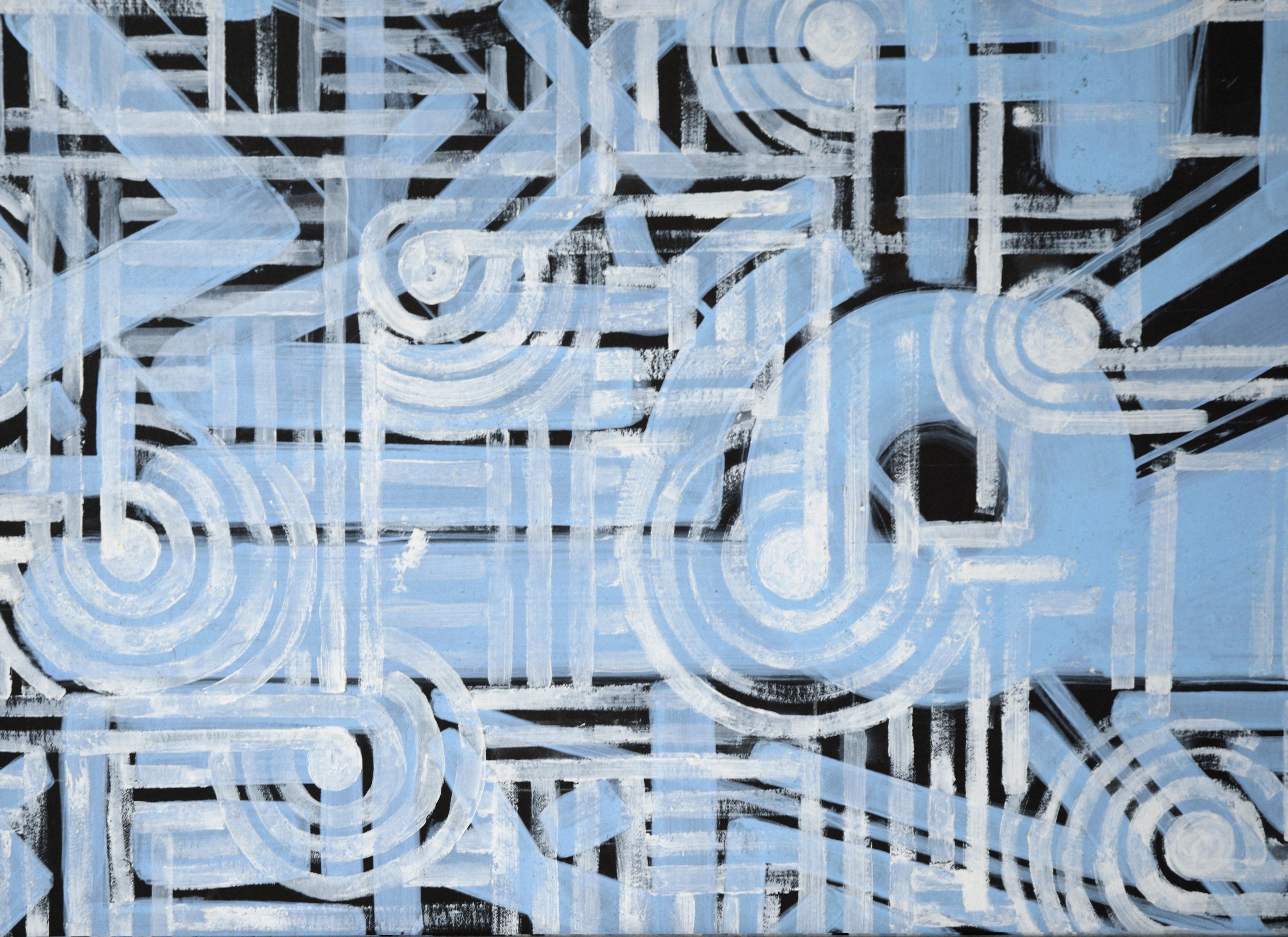Contemporary Geometric Abstract Painting - White and Blue Pathways over Black im Angebot 3