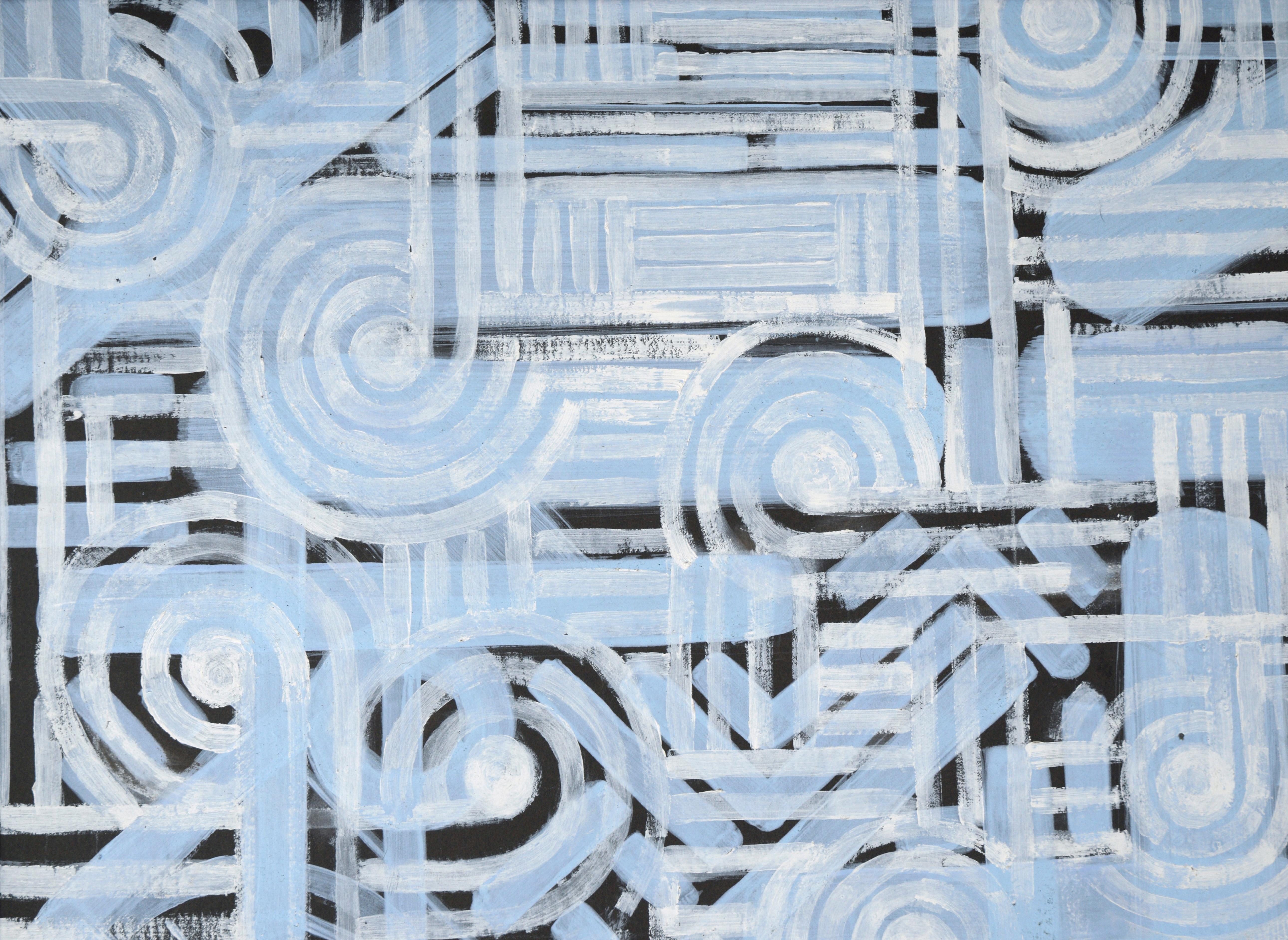 Contemporary Geometric Abstract Painting - White and Blue Pathways over Black im Angebot 4