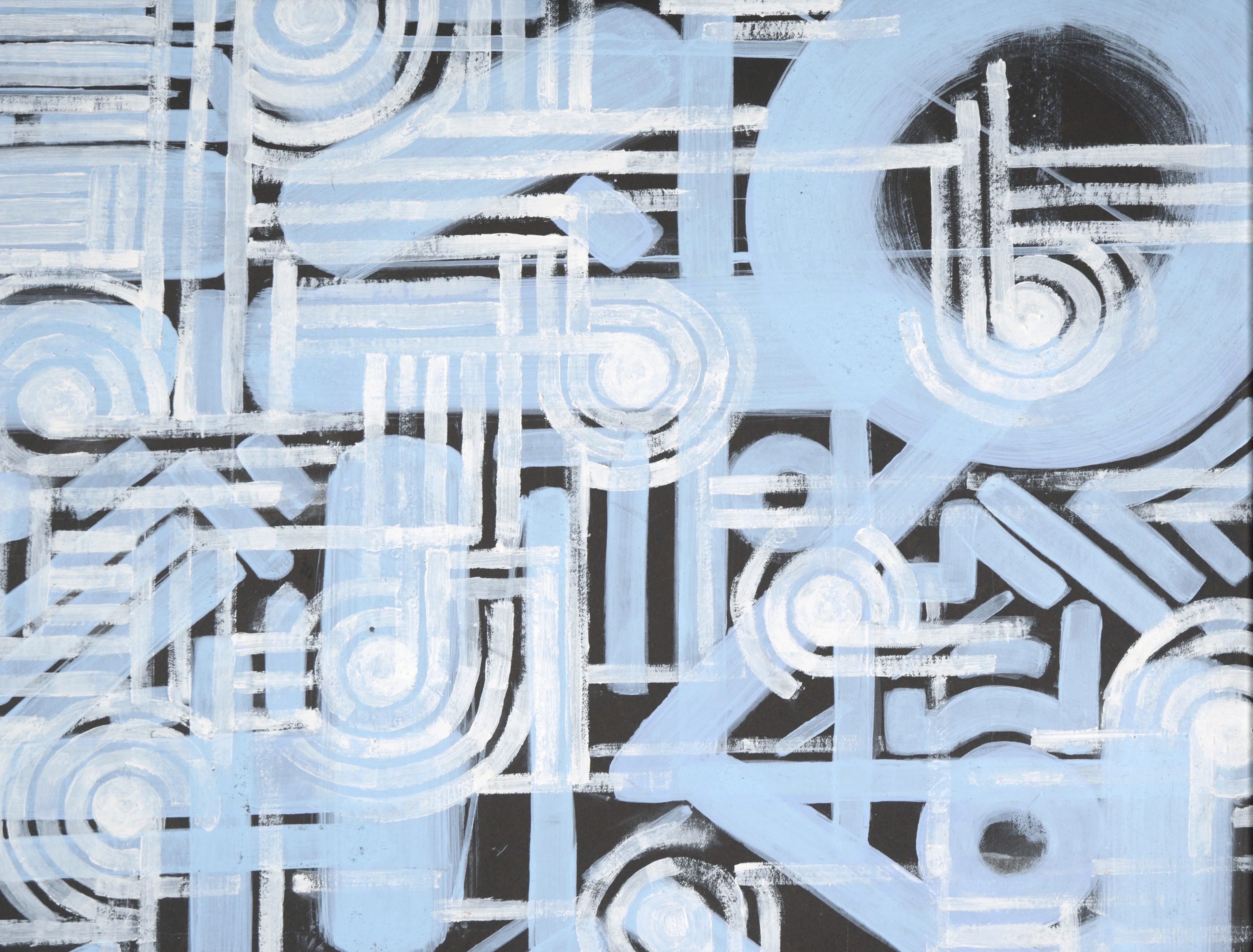 Contemporary Geometric Abstract Painting - White and Blue Pathways over Black im Angebot 5