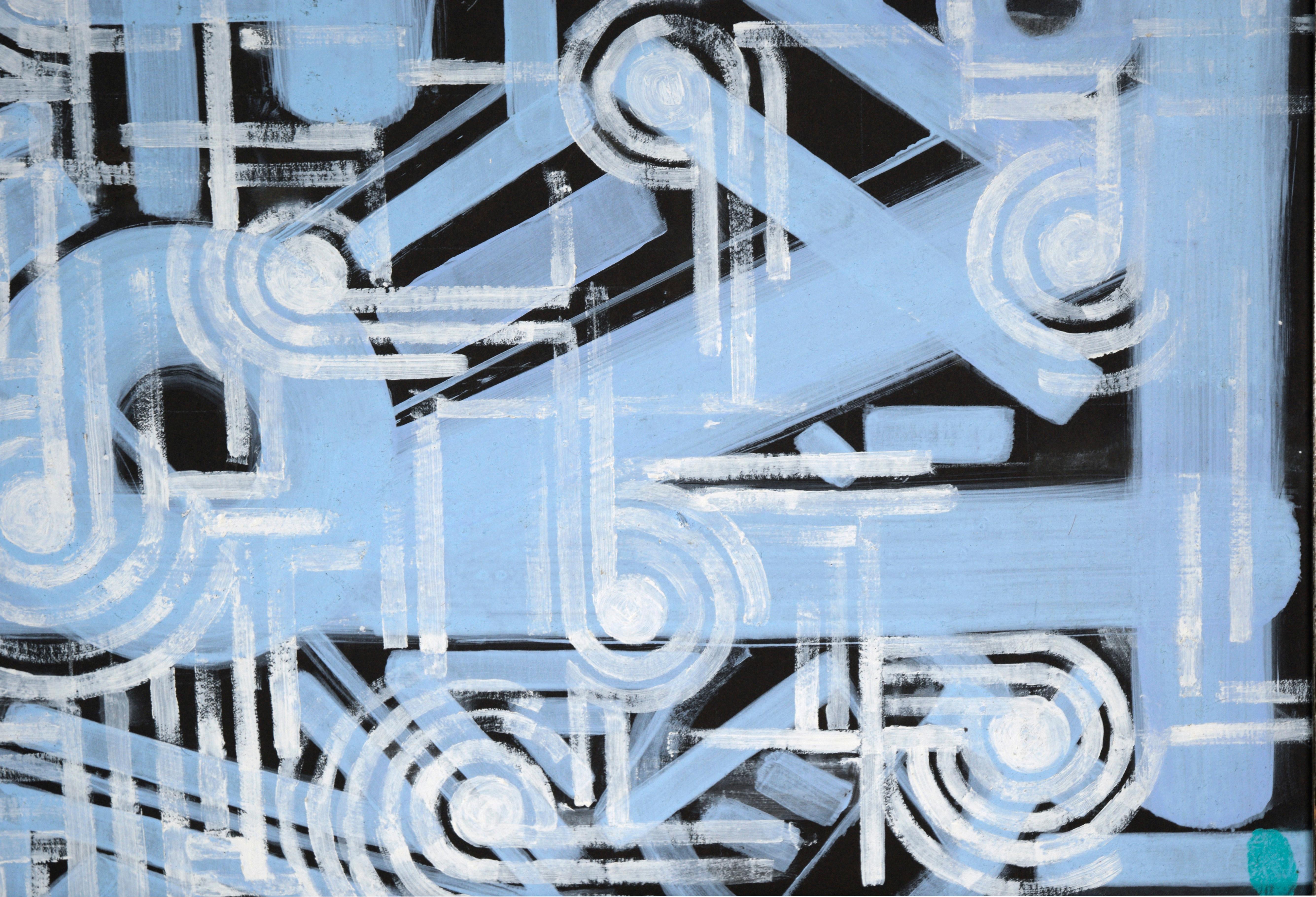 Contemporary Geometric Abstract Painting - White and Blue Pathways over Black im Angebot 6