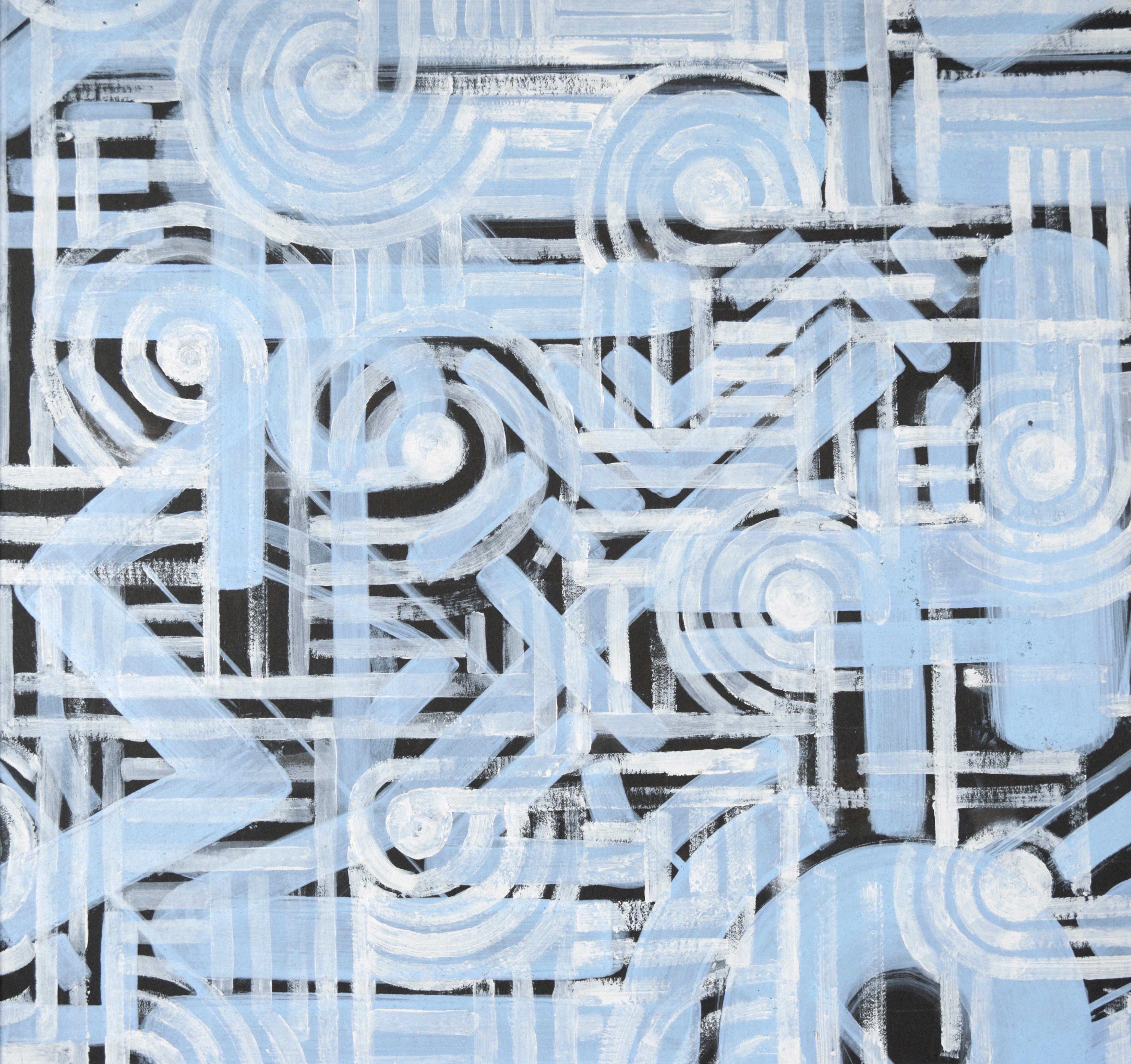 Contemporary Geometric Abstract Painting - White and Blue Pathways over Black im Angebot 7