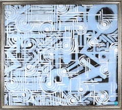 Contemporary Geometric Abstract Painting - White and Blue Pathways over Black