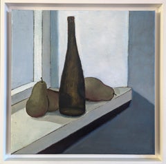 Contemporary Minimalist Still Life Oil Painting - Bottle & Pears in Window