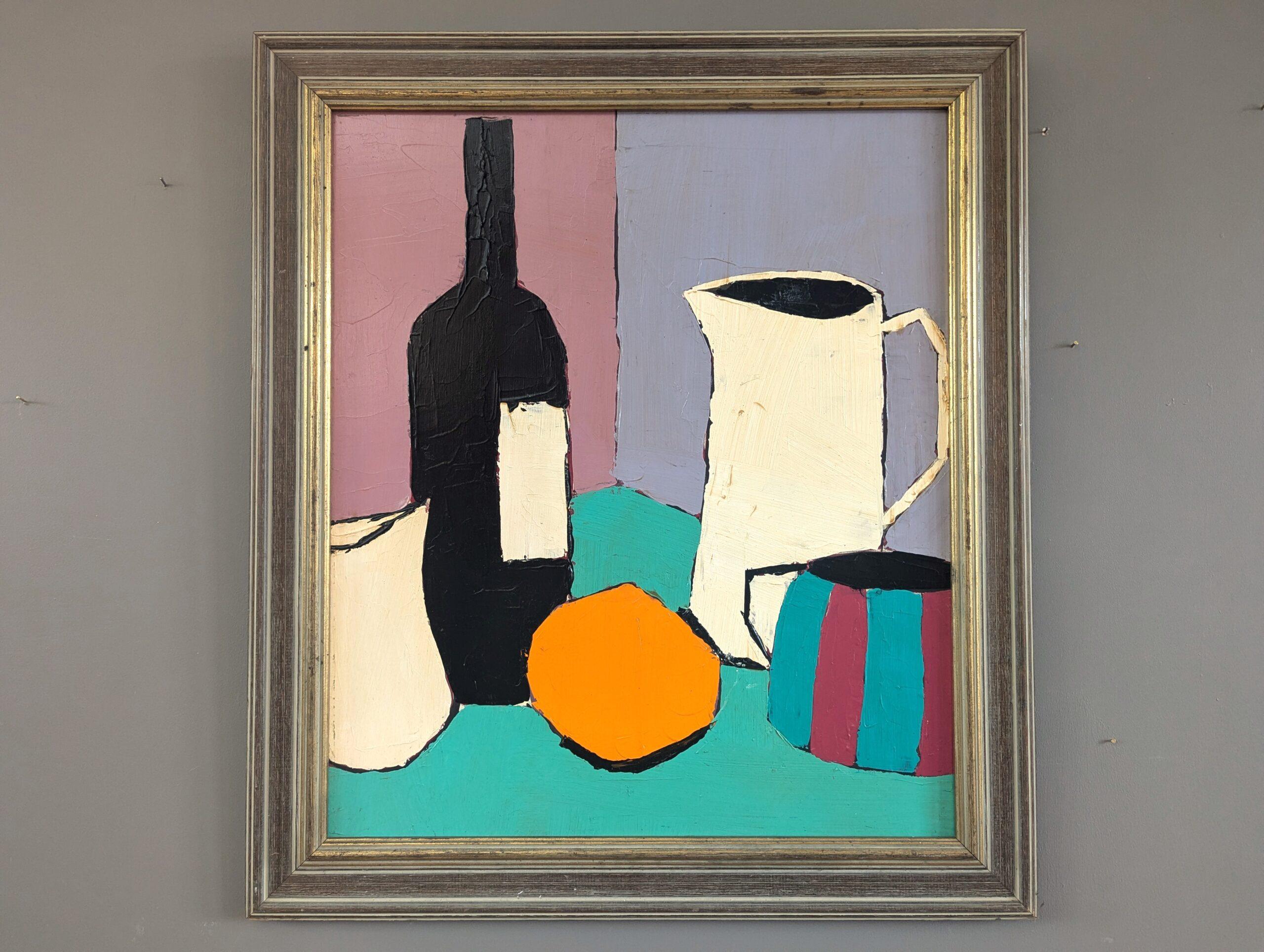 Pintura al óleo original contemporánea y moderna sobre naturaleza muerta - La taza a rayas - Painting de Unknown