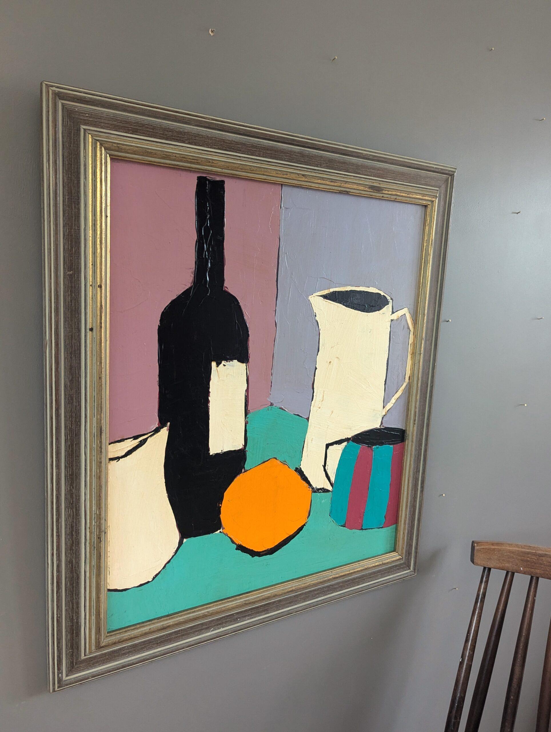 Pintura al óleo original contemporánea y moderna sobre naturaleza muerta - La taza a rayas - Still-Life Painting Marrón de Unknown