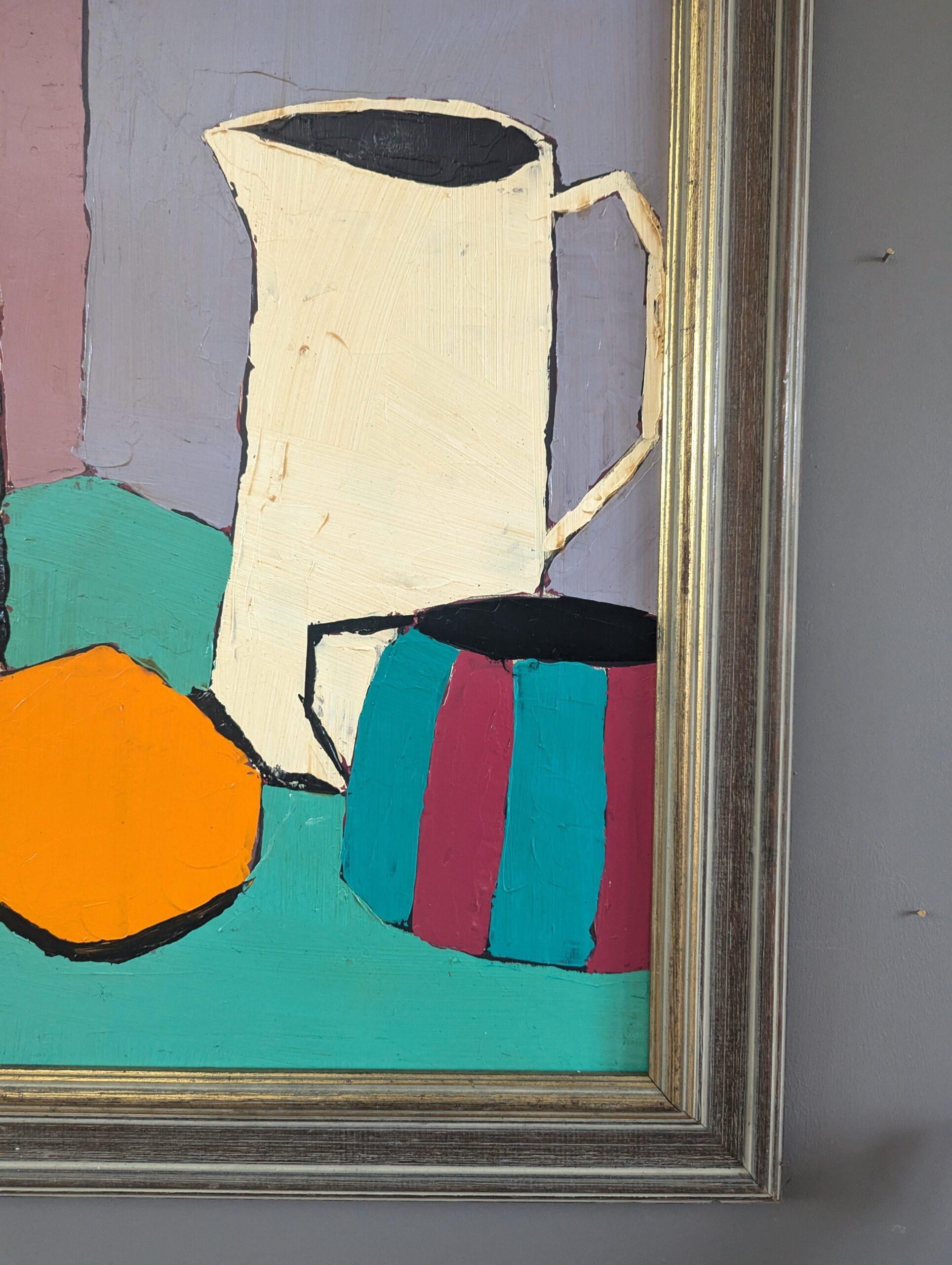 Pintura al óleo original contemporánea y moderna sobre naturaleza muerta - La taza a rayas 2