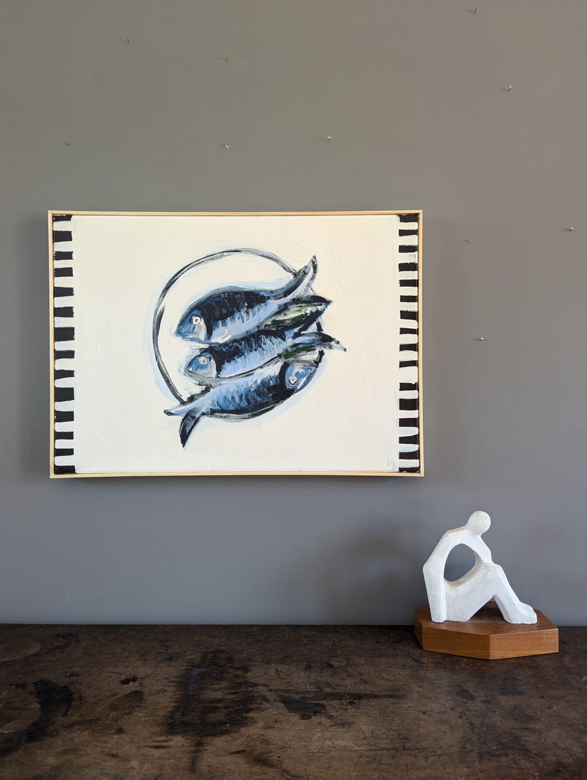 Pintura acrílica de bodegón de estilo modernista contemporáneo - Pescado en un plato - Painting de Unknown