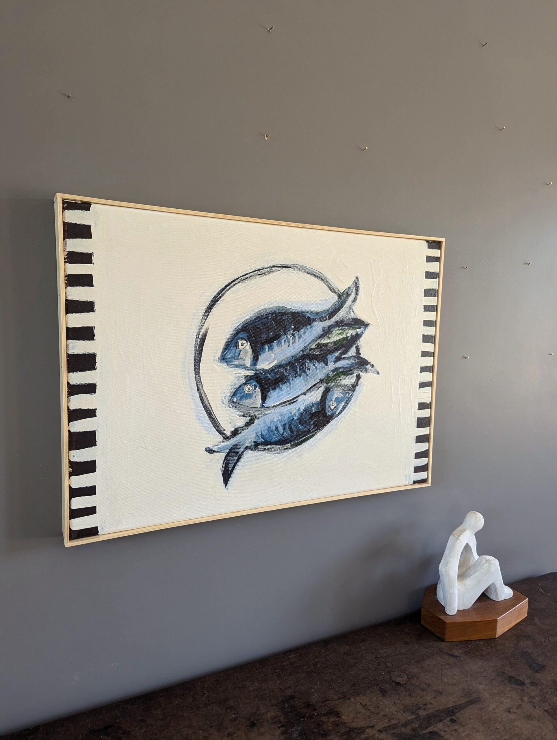 Pintura acrílica de bodegón de estilo modernista contemporáneo - Pescado en un plato - Painting Moderno de Unknown