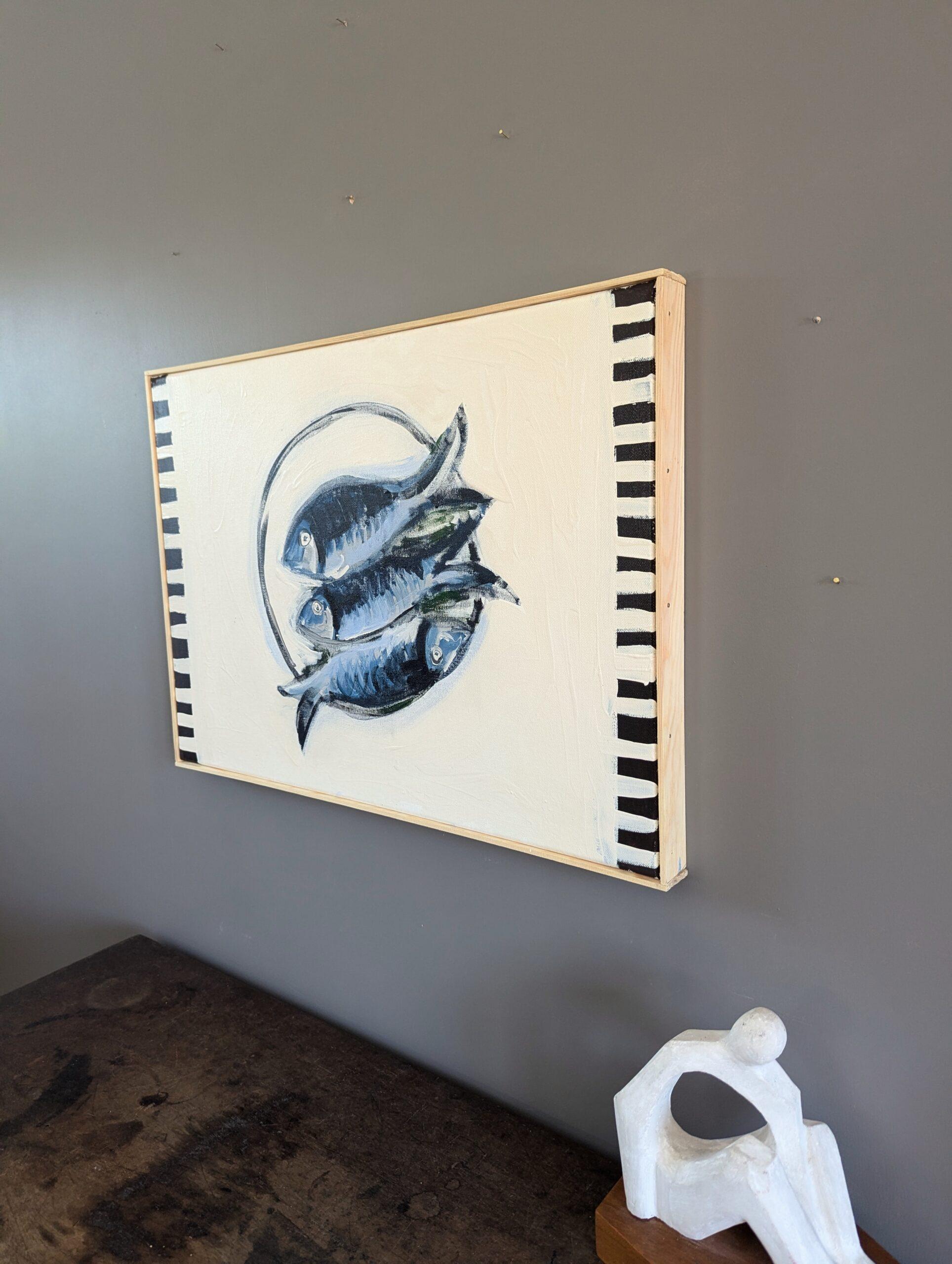 Pintura acrílica de bodegón de estilo modernista contemporáneo - Pescado en un plato - Still-Life Painting Gris de Unknown