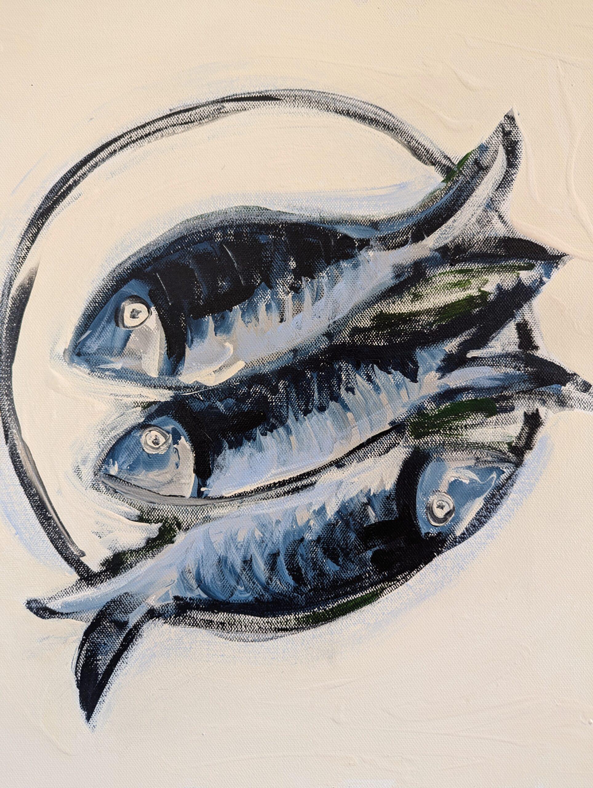 Pintura acrílica de bodegón de estilo modernista contemporáneo - Pescado en un plato en venta 1