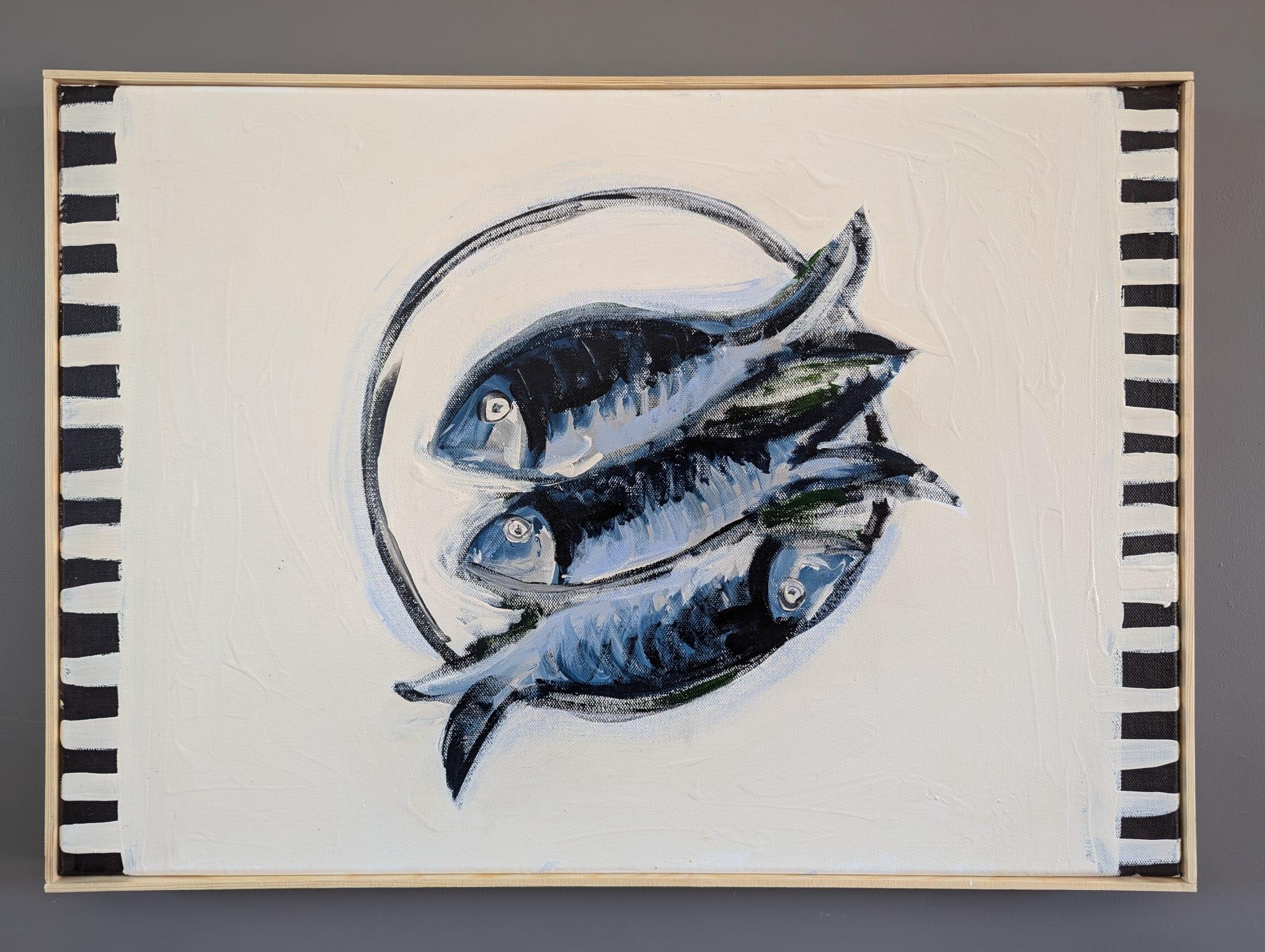 Pintura acrílica de bodegón de estilo modernista contemporáneo - Pescado en un plato en venta 2