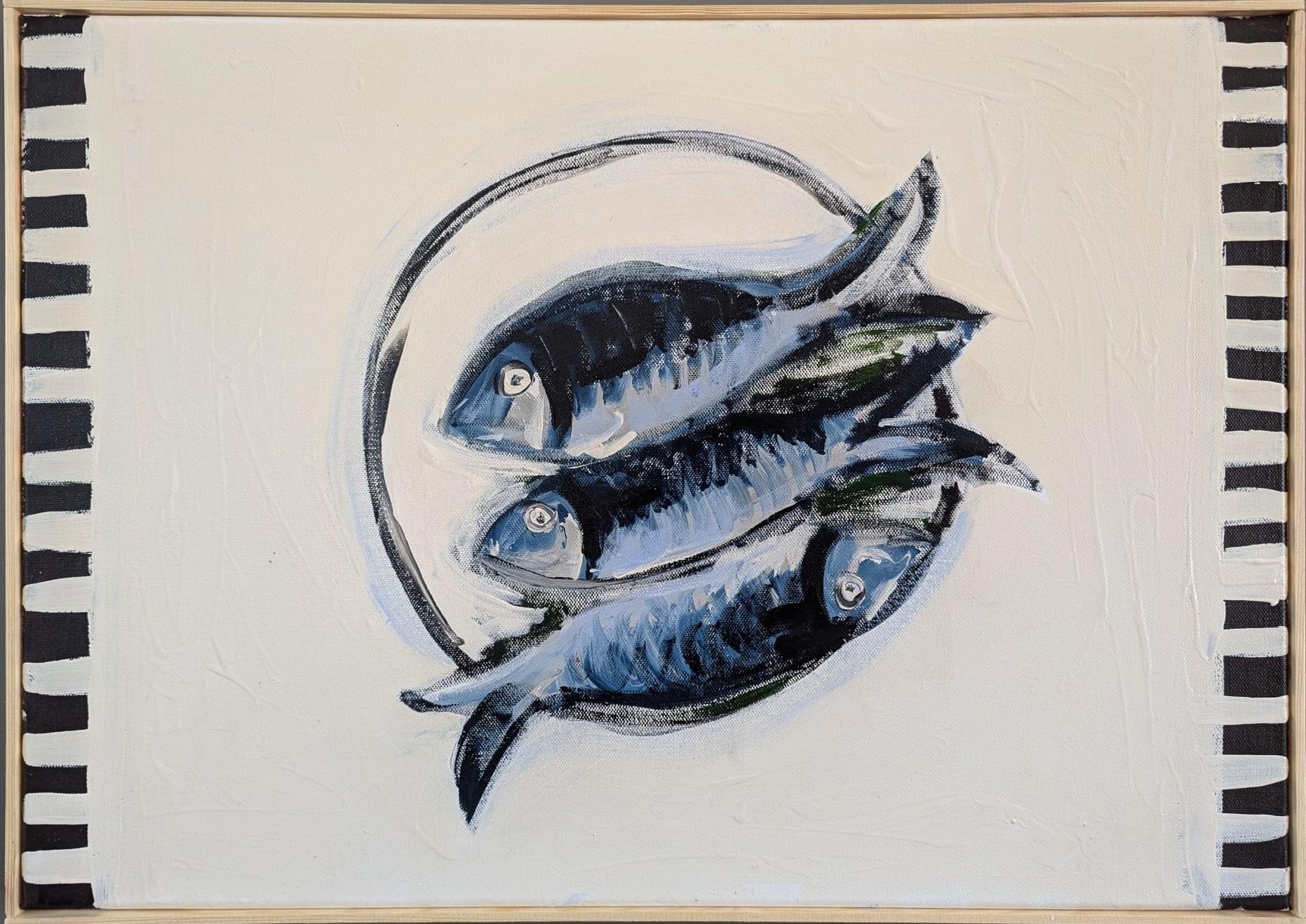 Still-Life Painting de Unknown - Pintura acrílica de bodegón de estilo modernista contemporáneo - Pescado en un plato