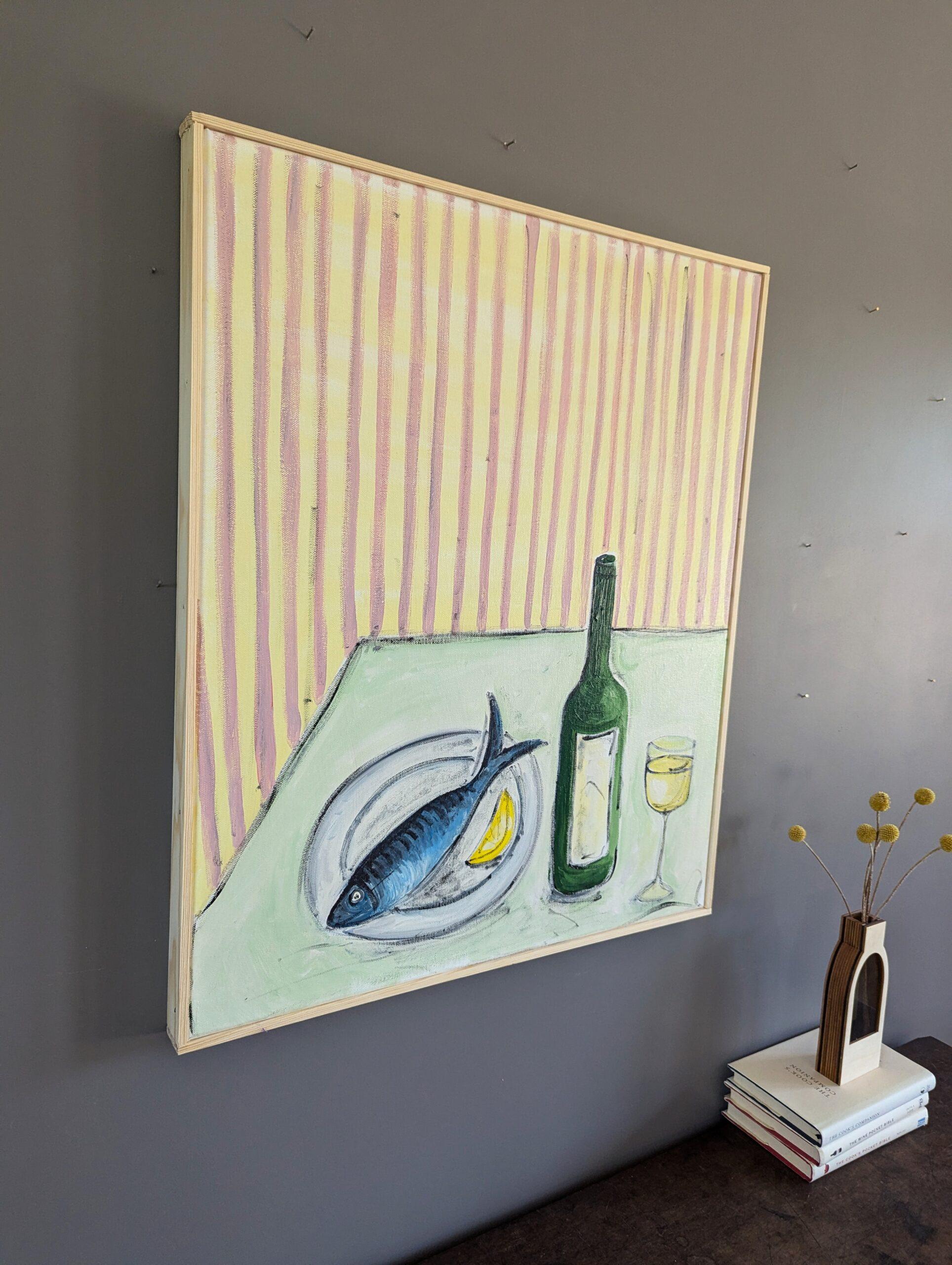 SE SIRVE EL ALMUERZO
Óleo sobre lienzo
Tamaño: 62,5 x 52 cm (incluido el marco)

Un cuadro sobre lienzo juguetón y a la vez tranquilizador, ejecutado en estilo modernista, enmarcado y listo para colgar.

El cuadro representa una botella de vino con