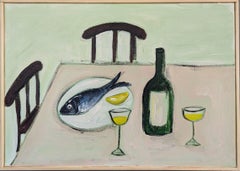 Contemporary Modernist Style Still Life Acrylic Painting - Wine & Fish