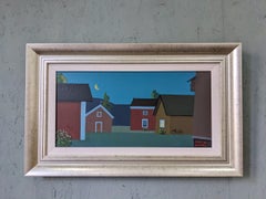 Contemporary Modernist Style Street Scene Oil Painting 1998 - Houses at Midnight