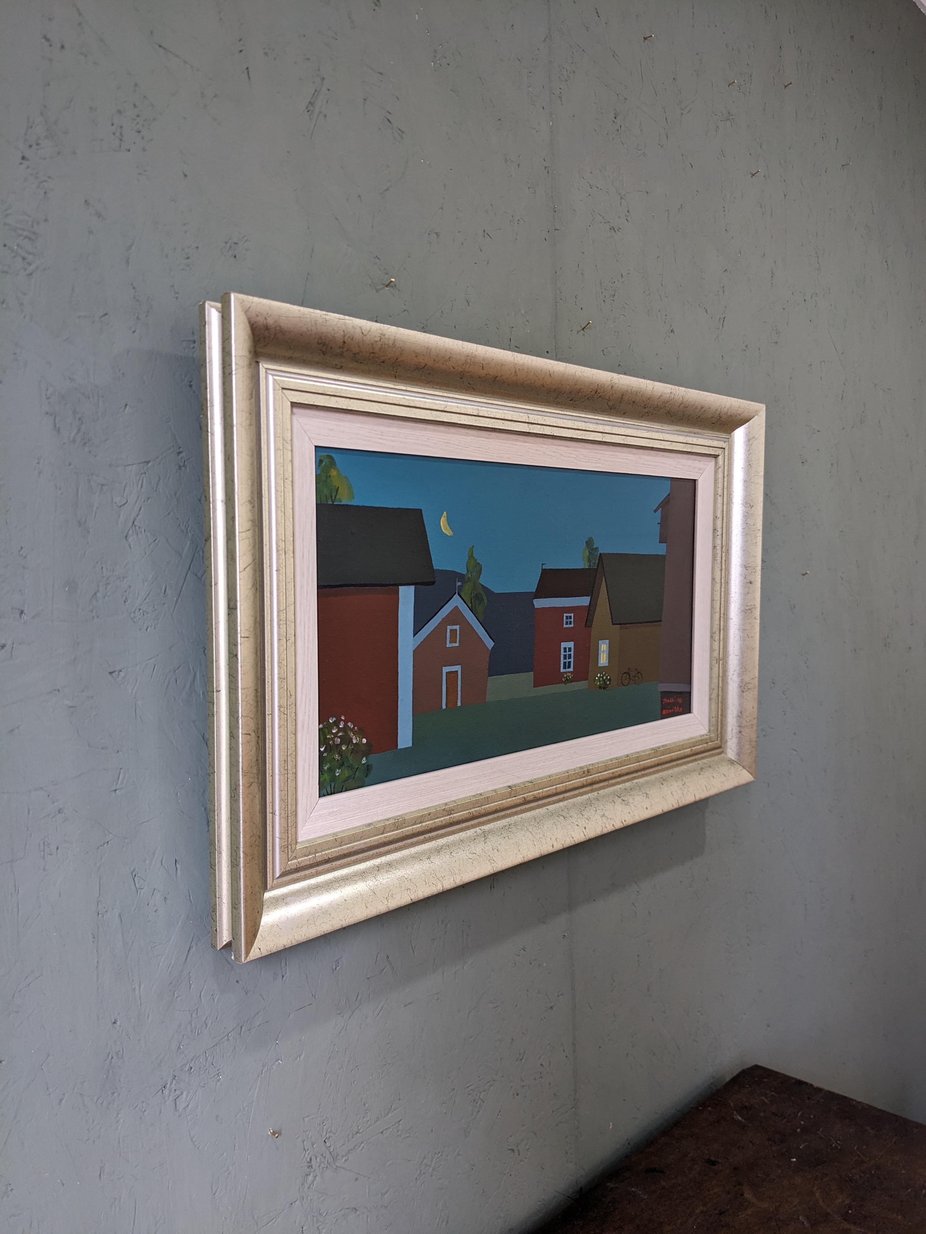 HOUSES AT MIDNIGHT
Size: 40 x 65 cm (including frame)
Oil on canvas

A delightful modernist-style composition, executed in oil onto canvas and dated 1998.

This picturesque composition presents a night scene of a quiet neighborhood filled with