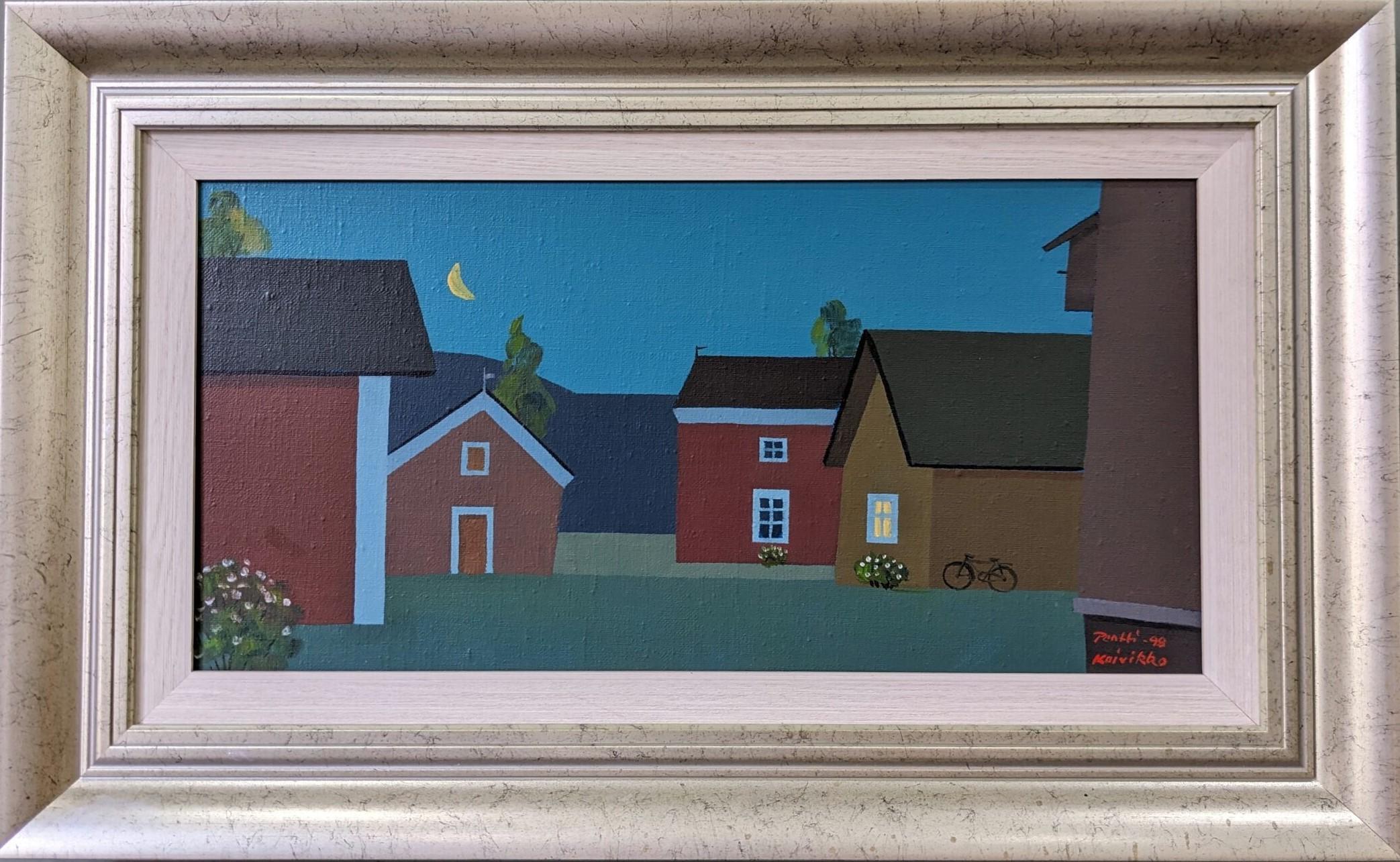 Contemporary Modernist Style Street Scene Oil Painting 1998 - Houses at Midnight