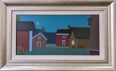 Retro Contemporary Modernist Style Street Scene Oil Painting 1998 - Houses at Midnight