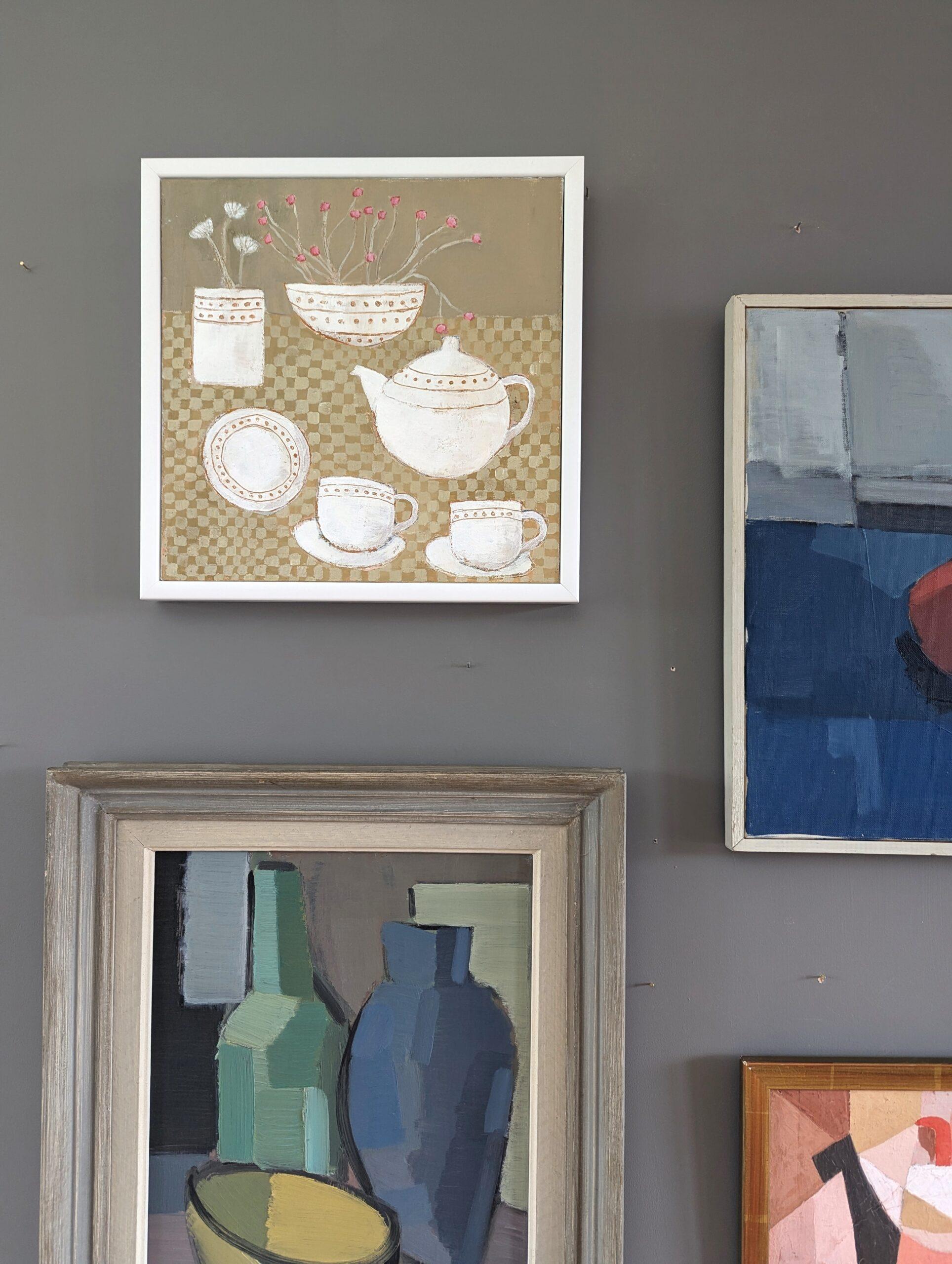 Contemporary Naïve Style Original Mini Stillleben Ölgemälde - Tee-Set – Painting von Unknown