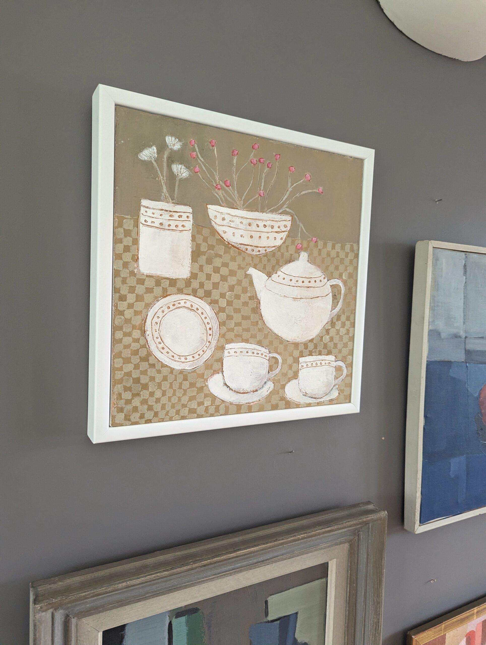 Contemporary Naïve Style Original Mini Stillleben Ölgemälde - Tee-Set (Braun), Still-Life Painting, von Unknown