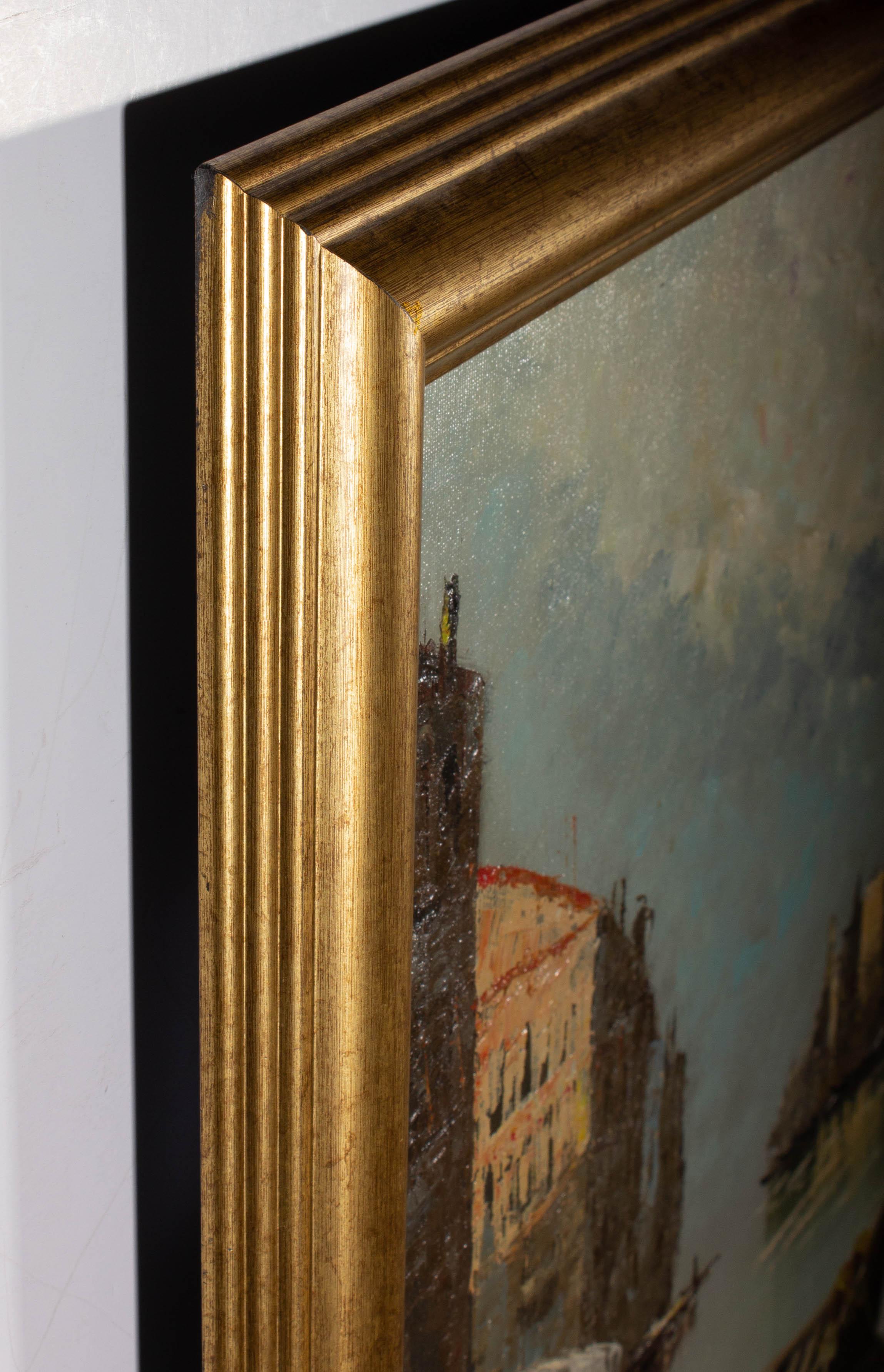 Huile contemporaine - Scène de Venise avec gondoles - Gris Landscape Painting par Unknown
