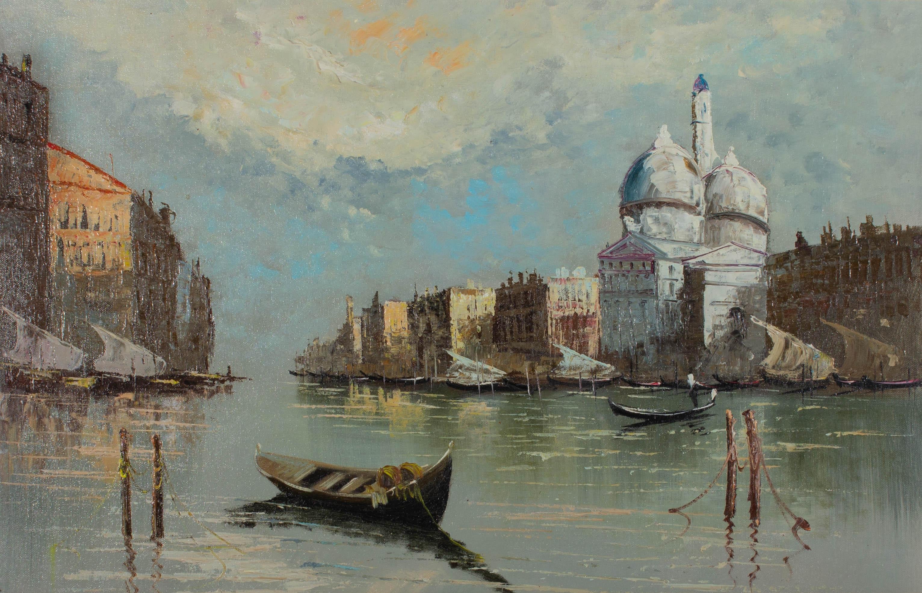A contemporary oil painting, depicting a view in Venice with gondolas. Unsigned. Well-presented in a distressed, gilt-effect frame. On canvas board.
