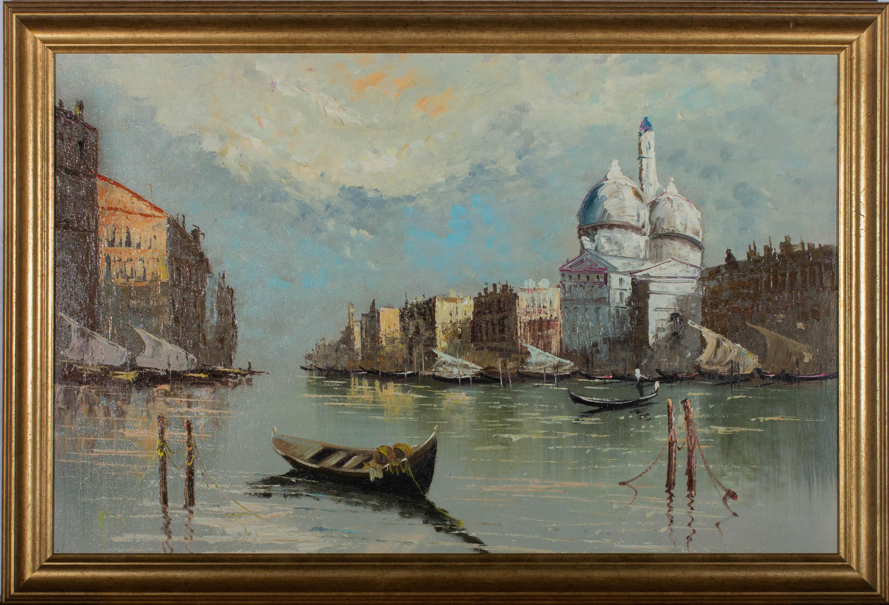 Unknown Landscape Painting - Contemporary Oil - A Scene in Venice with Gondolas