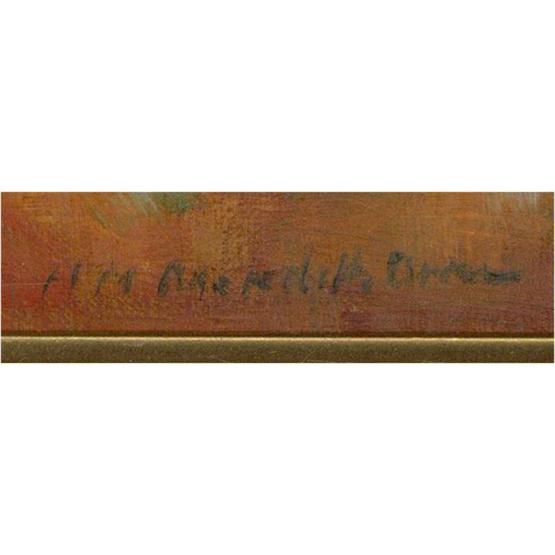 Une peinture à l'huile captivante, représentant une composition de nature morte vibrante d'une pomme verte et d'un vase orange. Inscrit de façon illisible dans le coin inférieur gauche. Le nom 